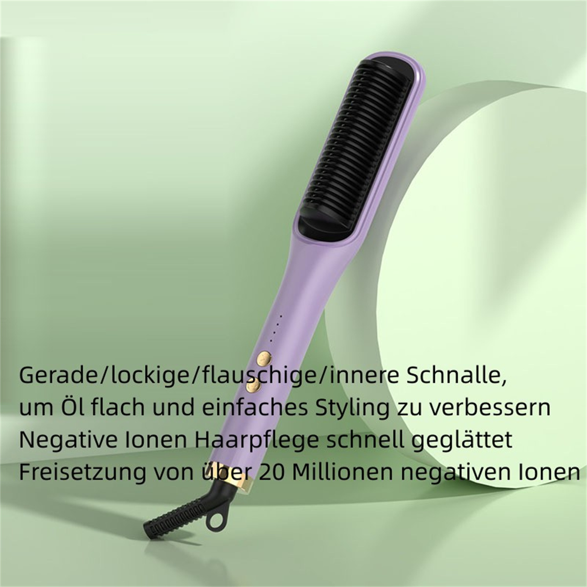 Lila Haarglätter. Schwarzer Kamm. Goldakzente. Weißer Hintergrund.