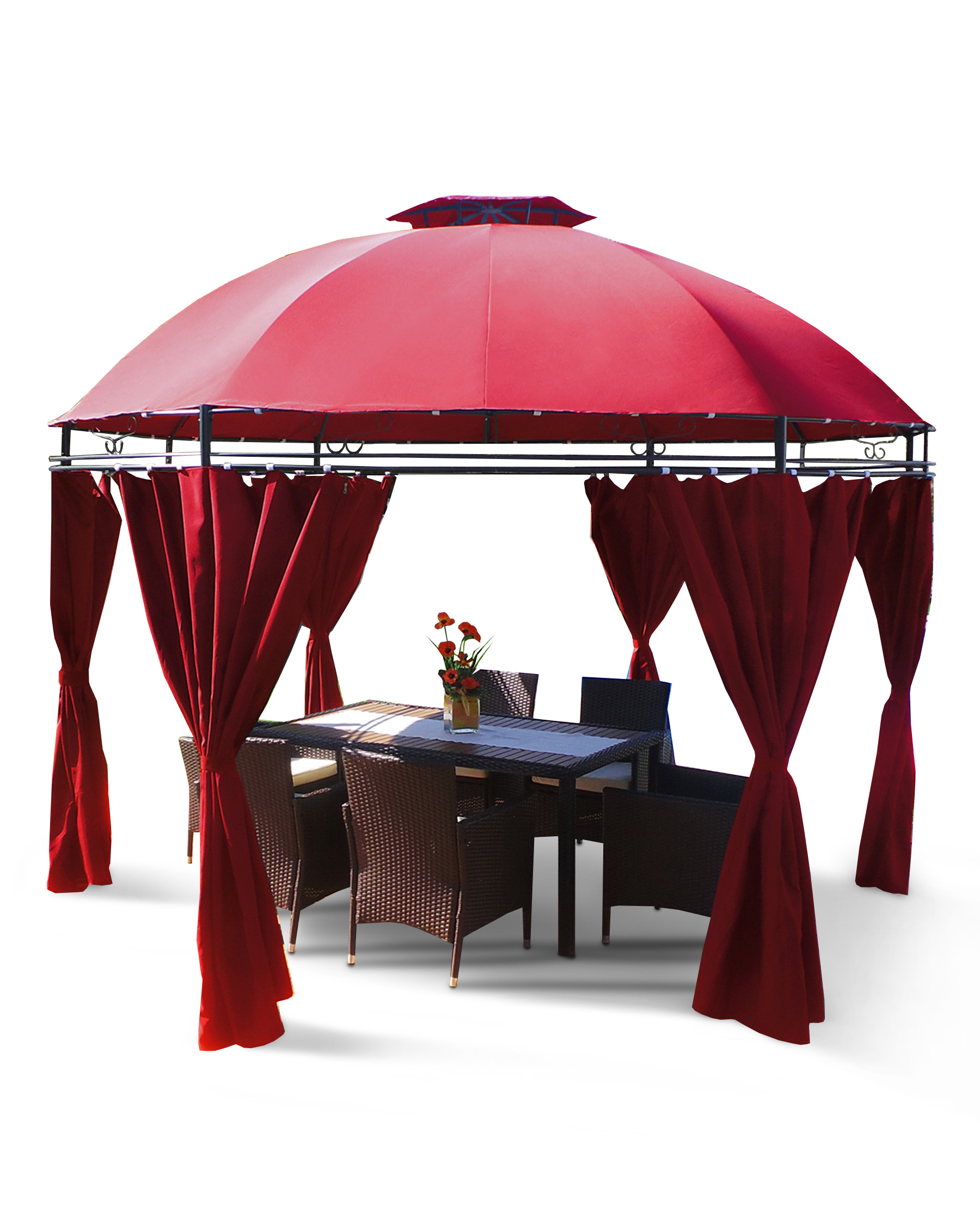 Roter Pavillon mit Vorhängen, Tisch, Stühlen und Blumen auf weißem Hintergrund.
