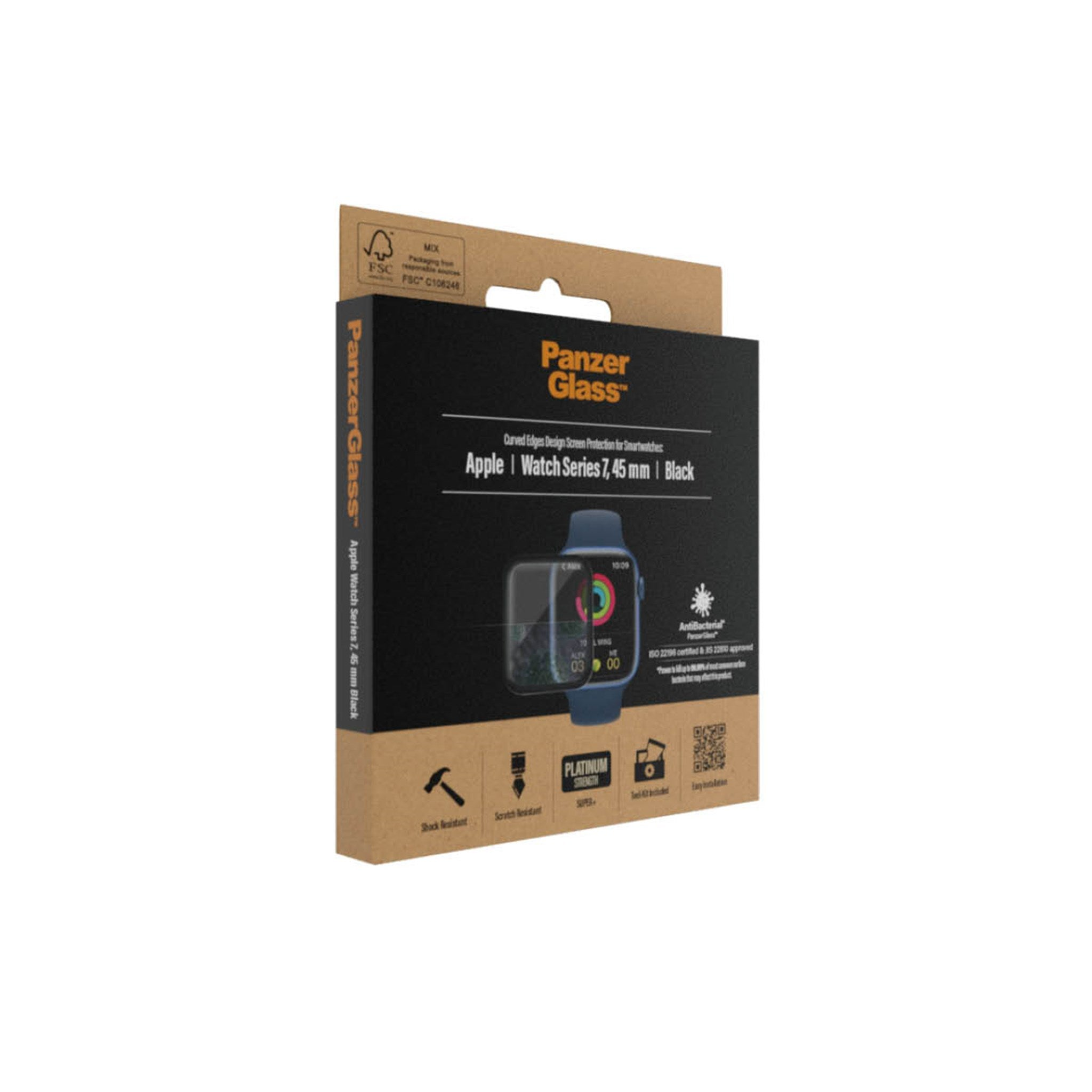 Caja con protector de pantalla PanzerGlass para Apple Watch. Reloj se muestra en la caja.