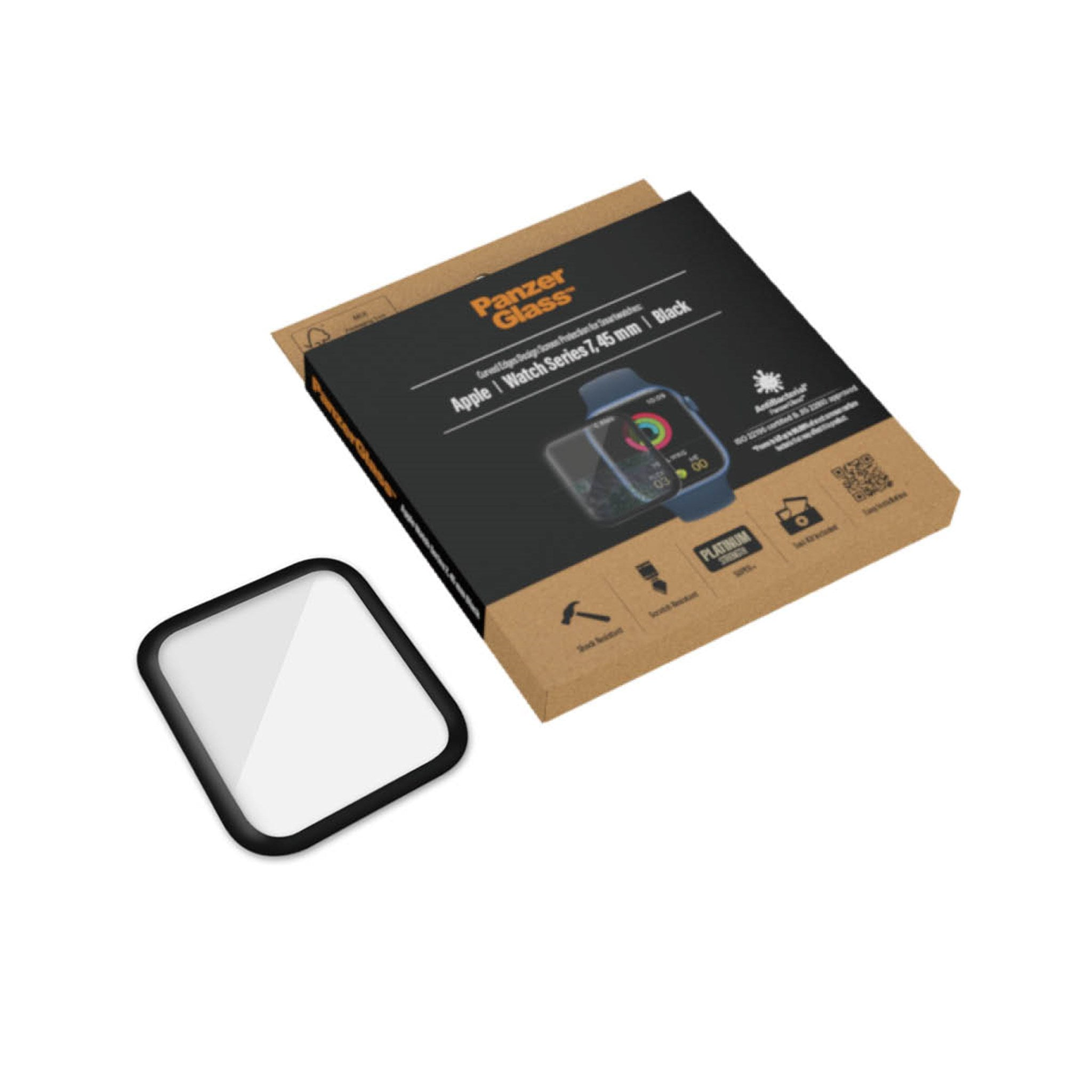 Protector de pantalla Apple Watch Series 7 en una caja de cartón. El protector y la caja están sobre una superficie blanca.