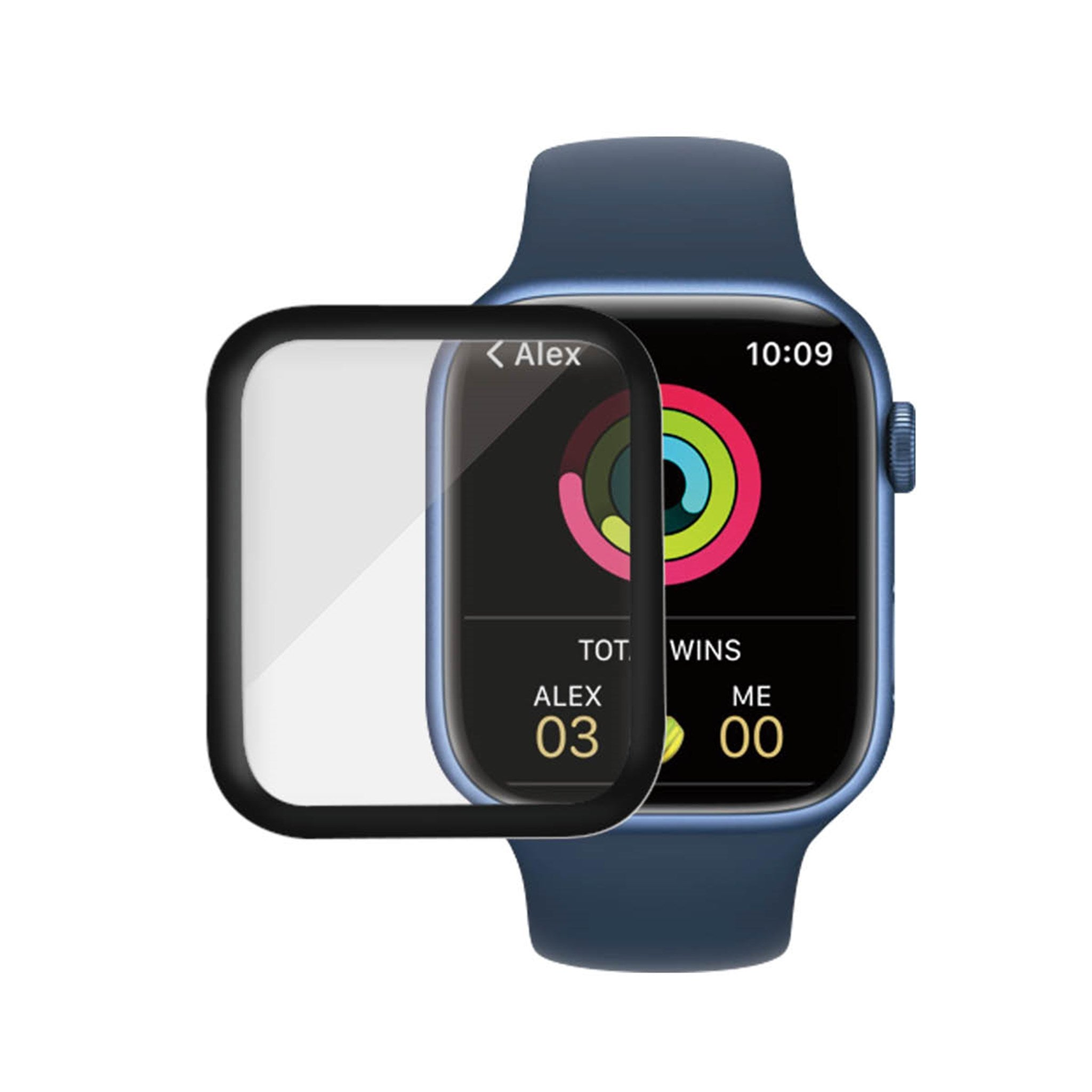 Un Apple Watch azul con protector de pantalla, mostrando una interfaz de aplicación deportiva.