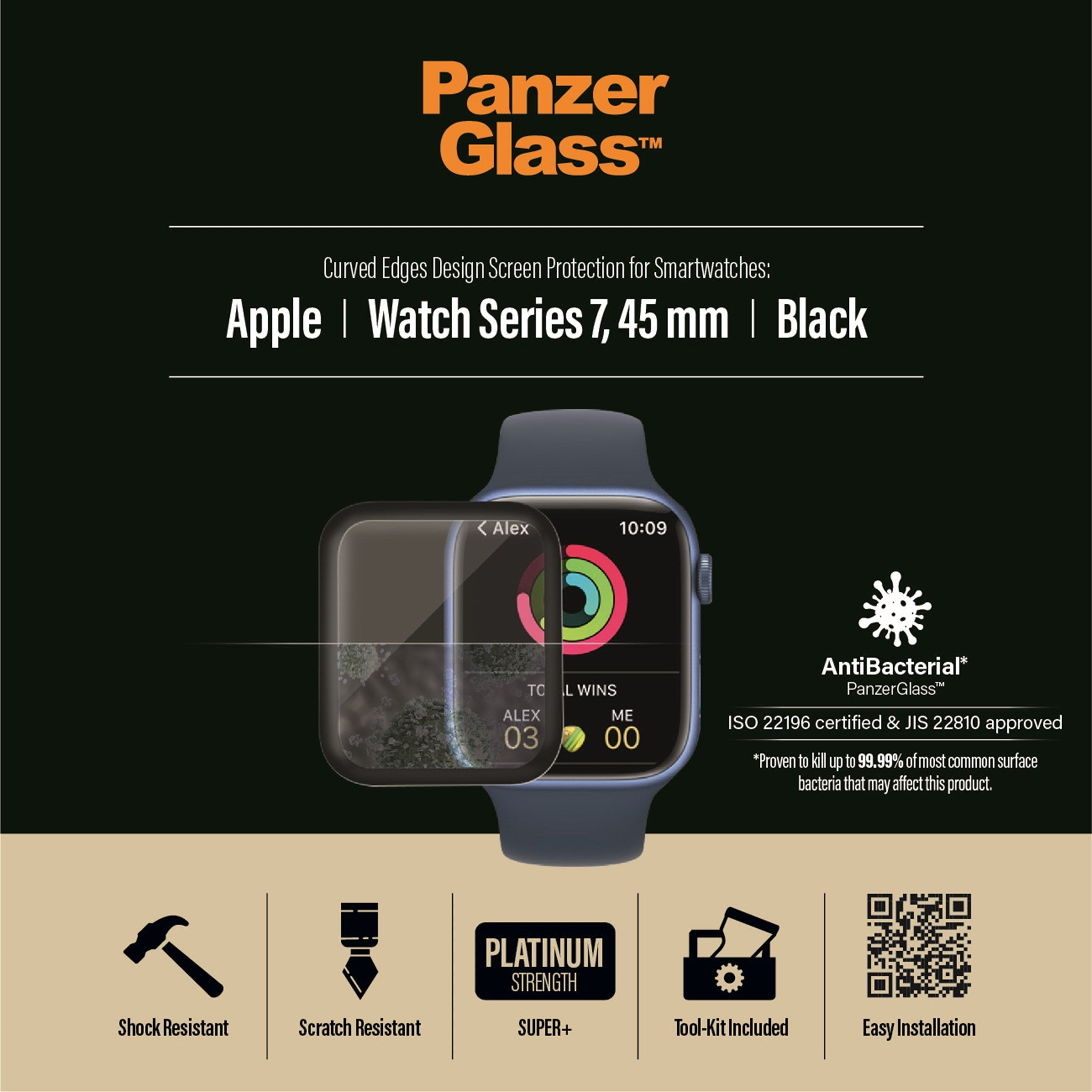 Protector de pantalla de reloj inteligente con reloj. Texto: "Apple Watch Series 7". Negro y azul.