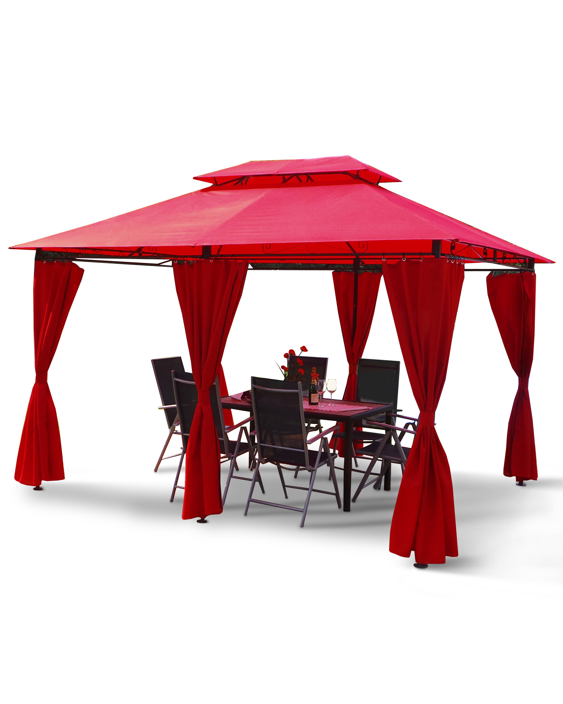 Roter Pavillon mit Vorhängen, Tisch, Stühlen und Weinstation.
