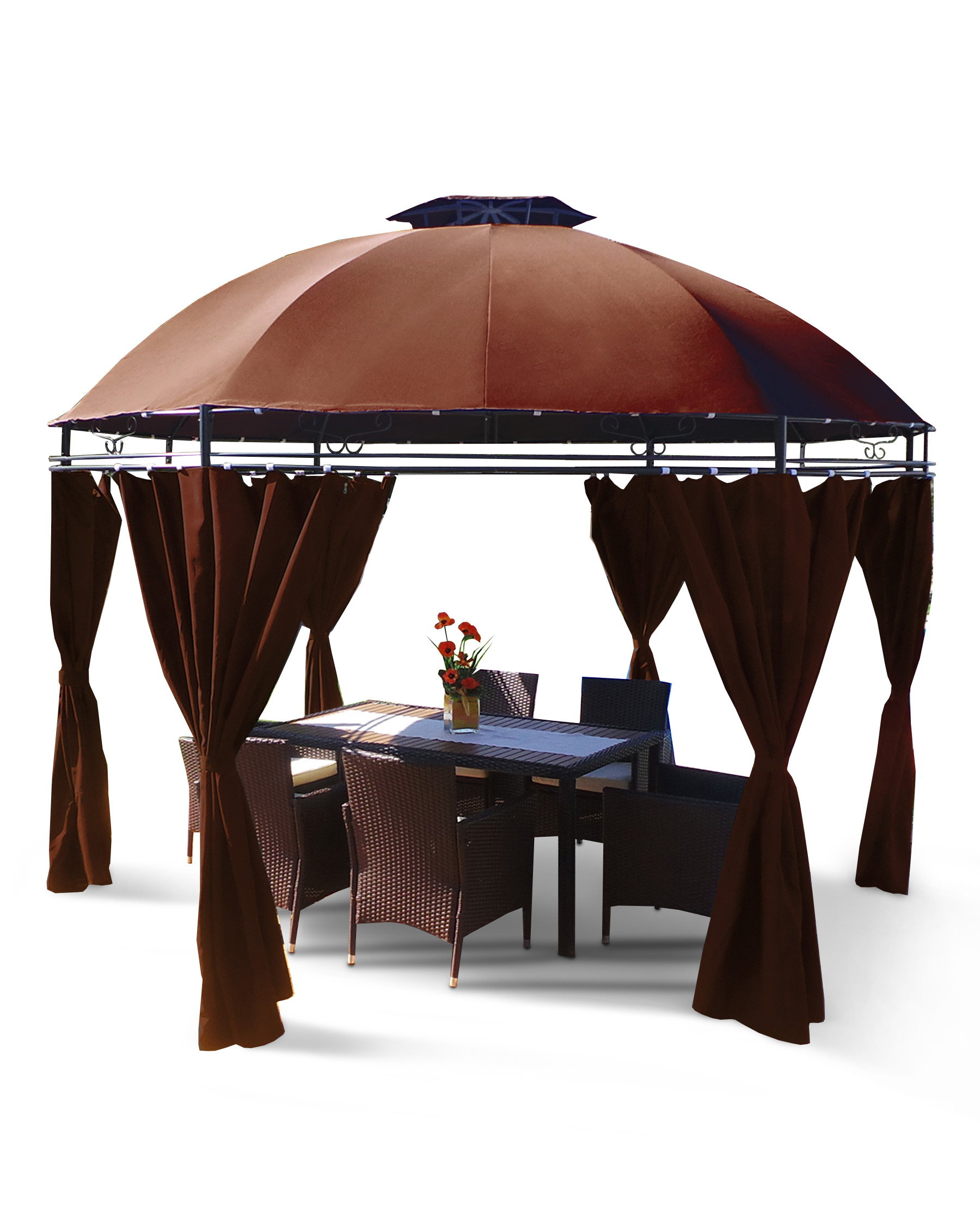 Ein brauner Pavillon mit Vorhängen und einem Tisch zum Essen auf weißem Grund.