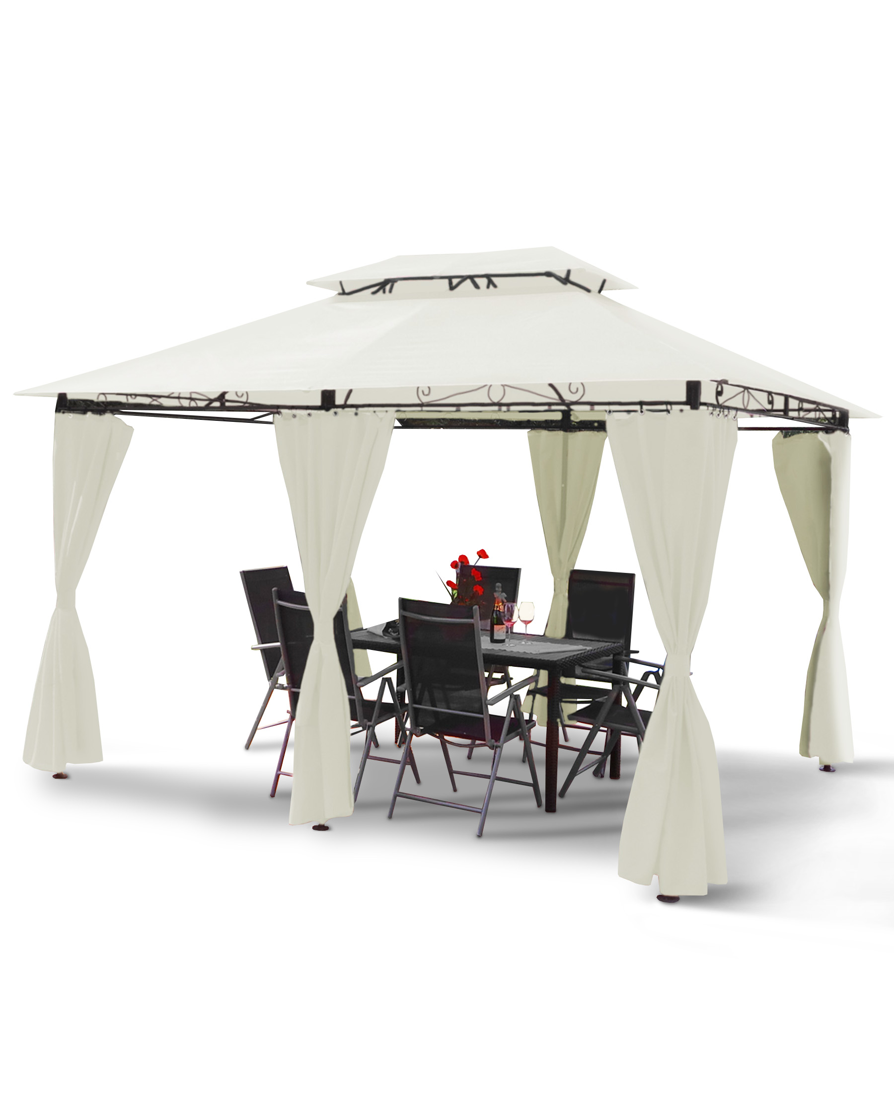 Weißer Pavillon mit Vorhängen, Tisch, Stühlen und Blumen. Schwarzer Rahmen. Auf weißem Hintergrund.