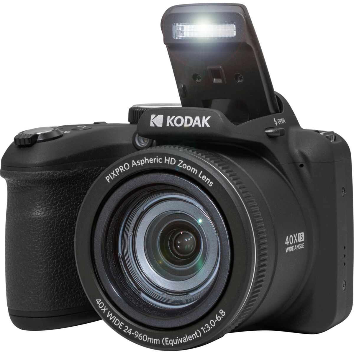 Schwarze Kodak-Kamera mit hochgeklapptem Blitz. Sie hat ein Zoomobjektiv.