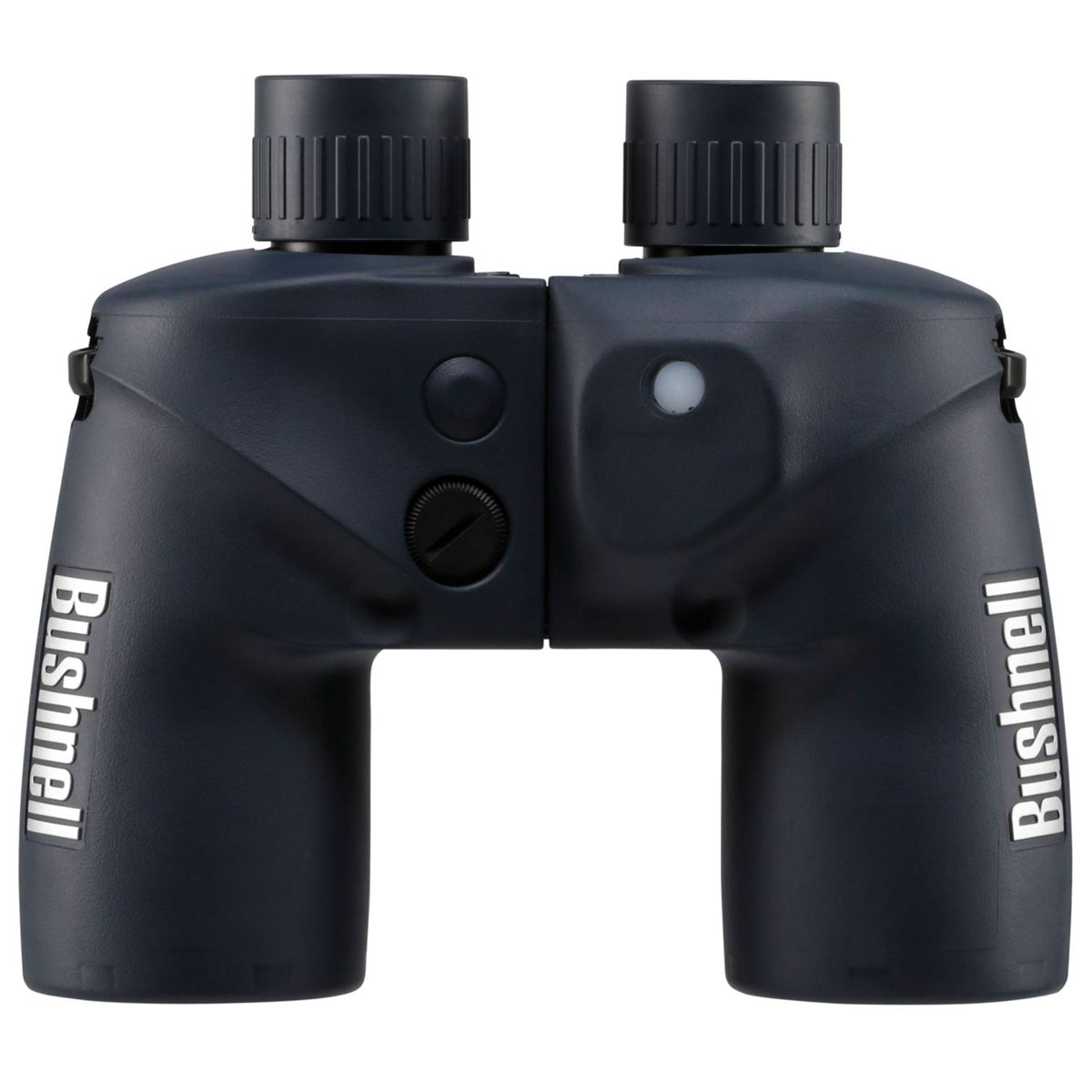 Marineblaue Ferngläser, schwarze Drehknöpfe. Markenname 'Bushnell' auf beiden Seiten.
