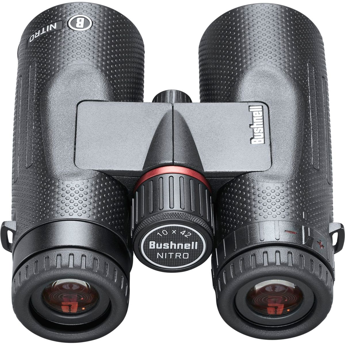Schwarzes Bushnell Nitro Fernglas mit rotem Fokusrad. Mit strukturierter Grifffläche und Objektivdeckeln.