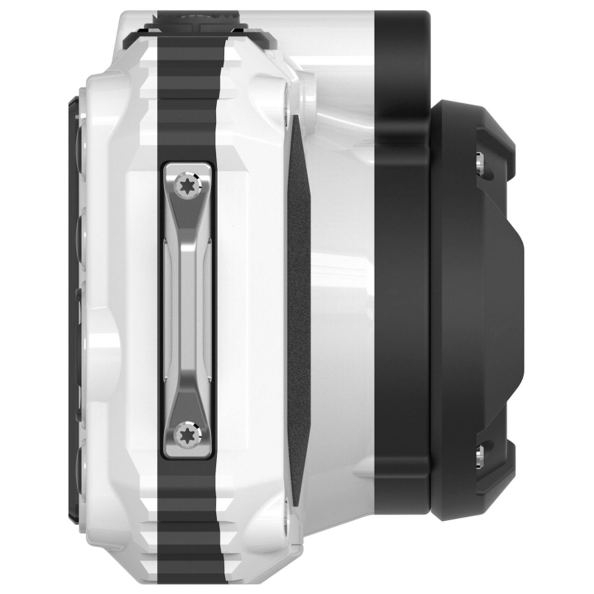 Biała obudowa kamery z czarnymi akcentami, widok z boku. Widoczna srebrna śruba.