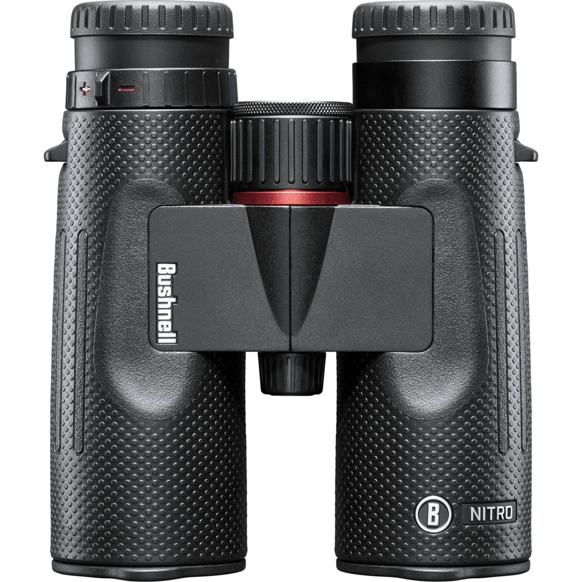 Schwarzes Bushnell Nitro Fernglas mit strukturierter Grifffläche und rotem Fokusknopf. Schwarzer Hintergrund.
