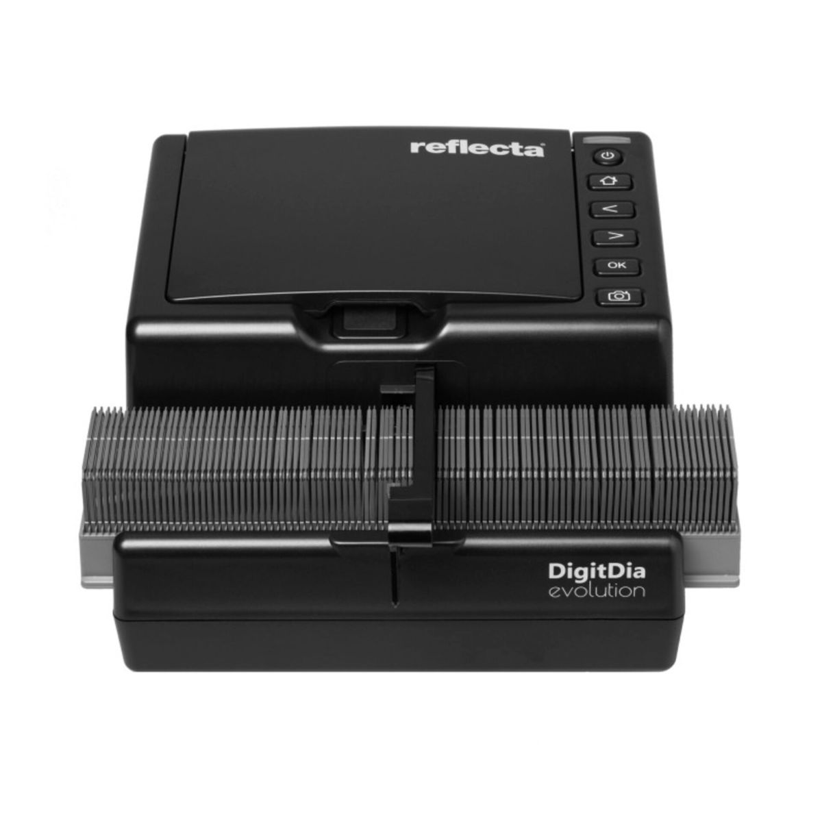 Ein schwarzer Reflecta DigitDia Evolution Scanner mit Filmhalter und Bedientasten oben.