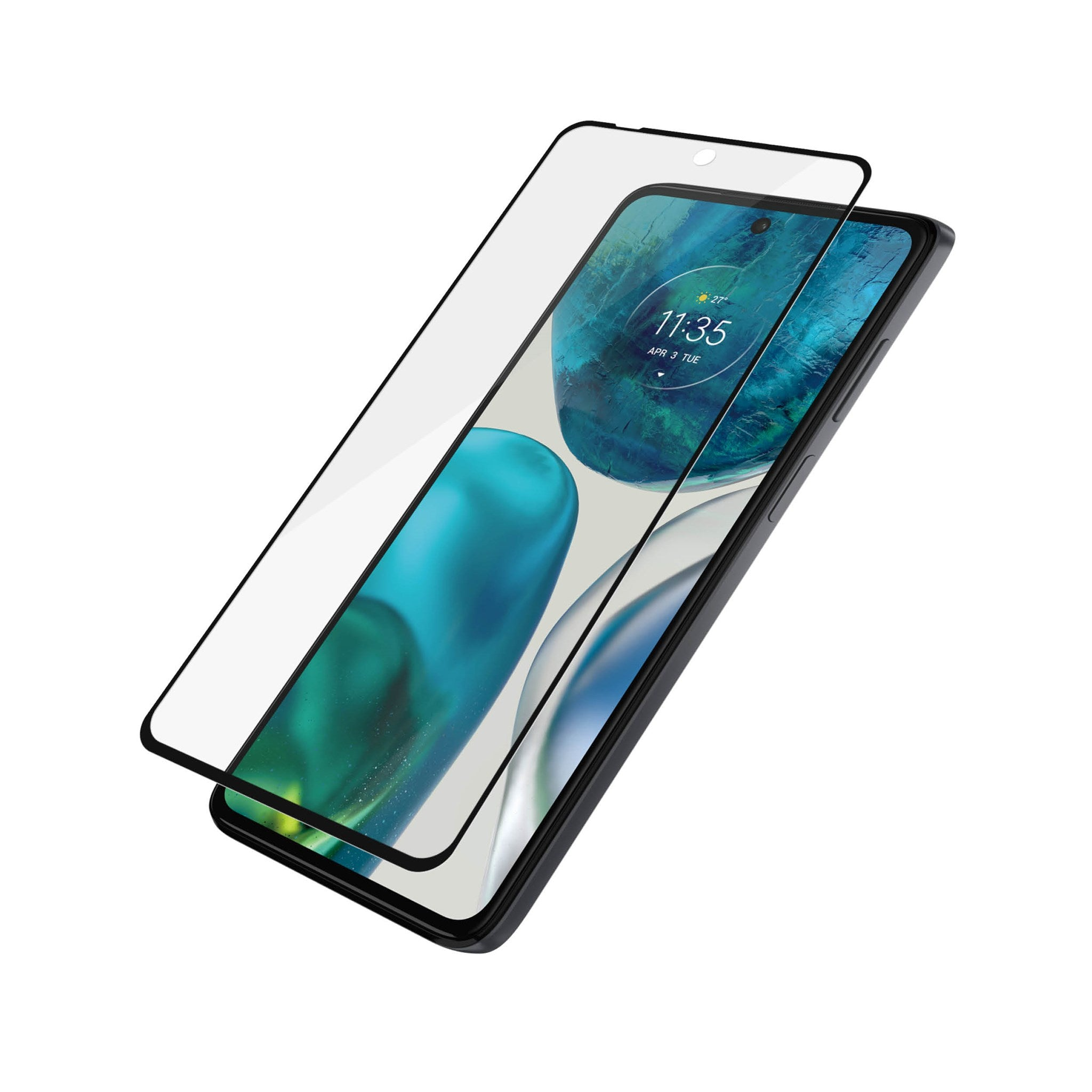 Smartphone con protezione schermo. La protezione è trasparente e chiara, con il telefono.
