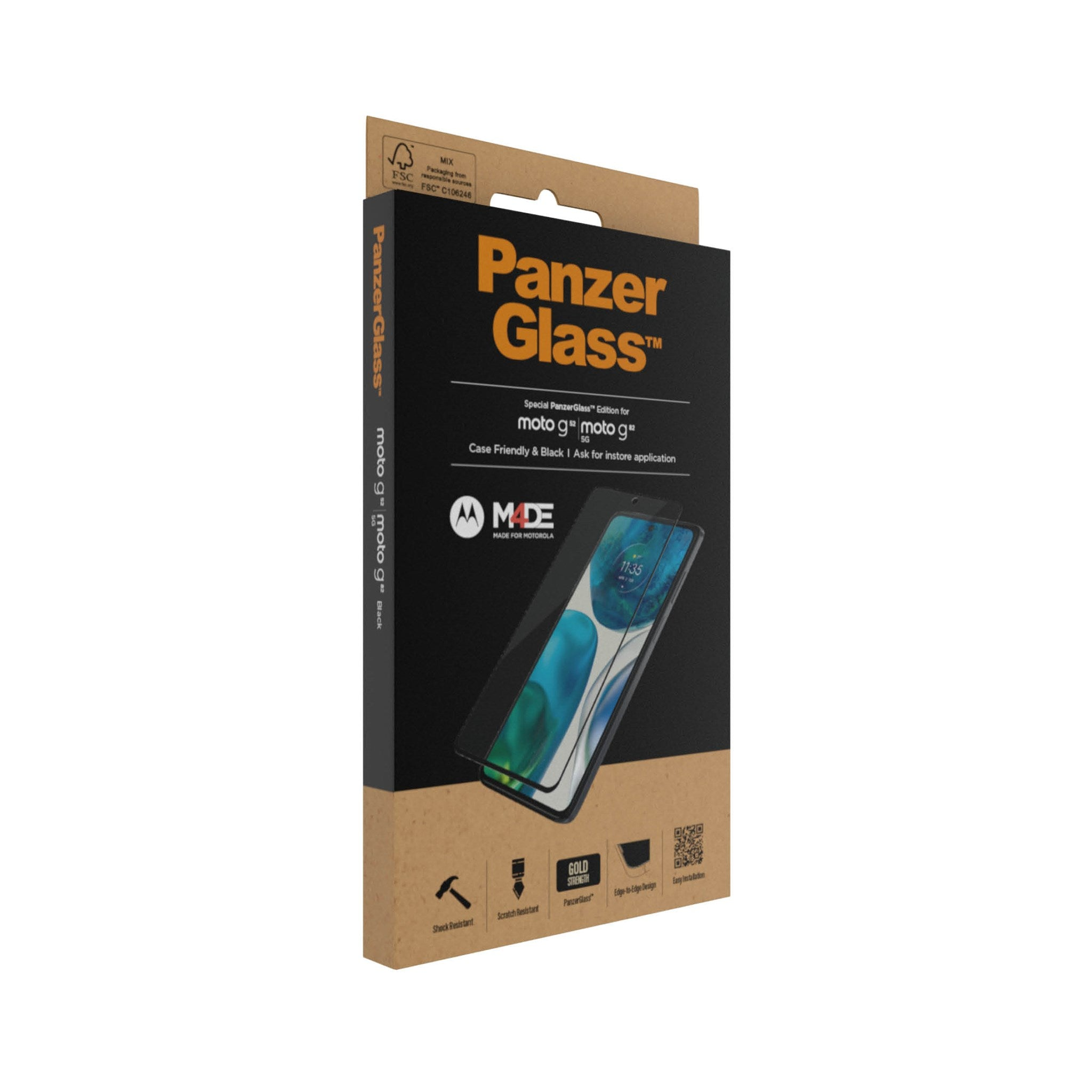 Scatola di protezione schermo PanzerGlass per un telefono Motorola, marrone e nero, sfondo bianco.