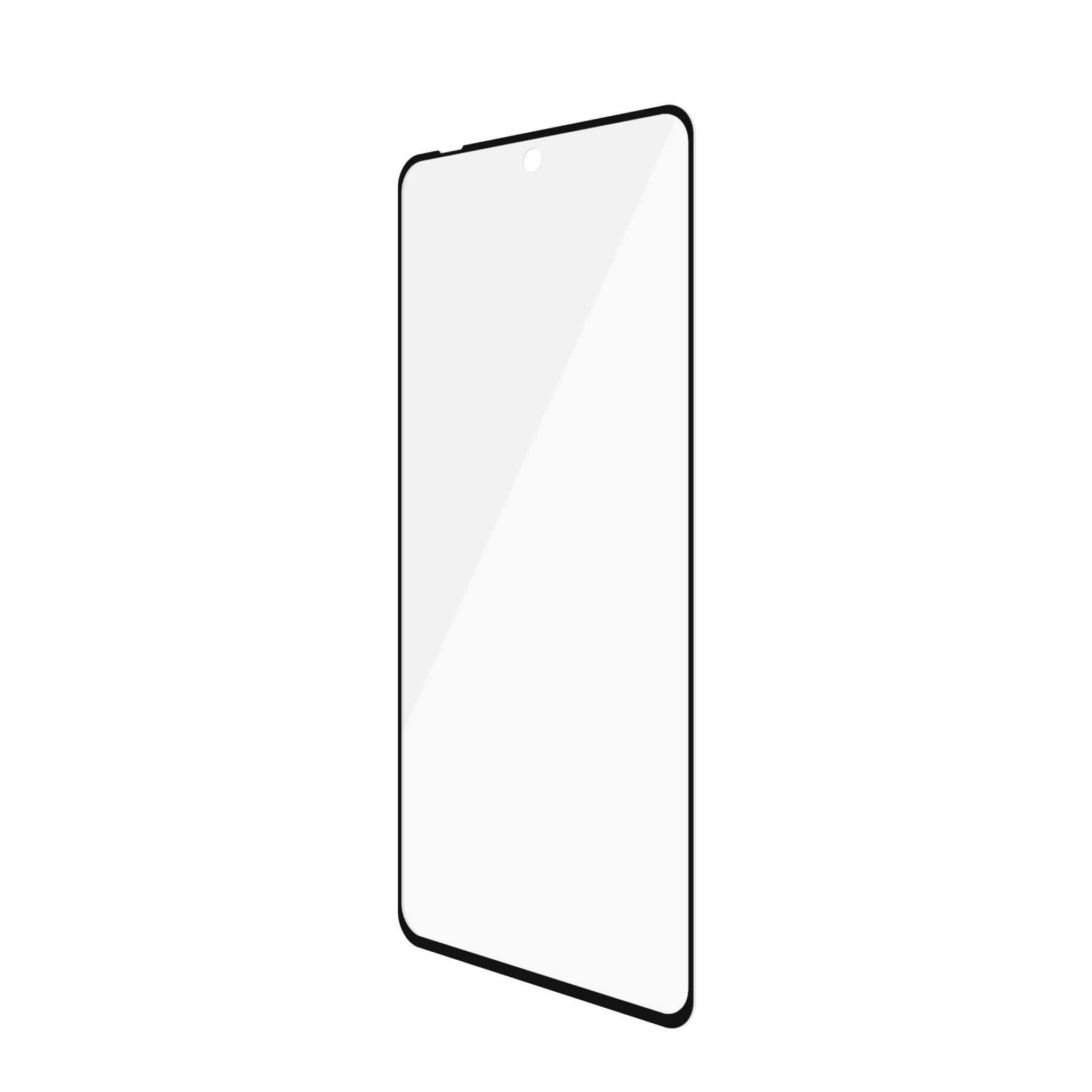 Un proteggi schermo per telefono bianco con cornice nera su sfondo bianco.