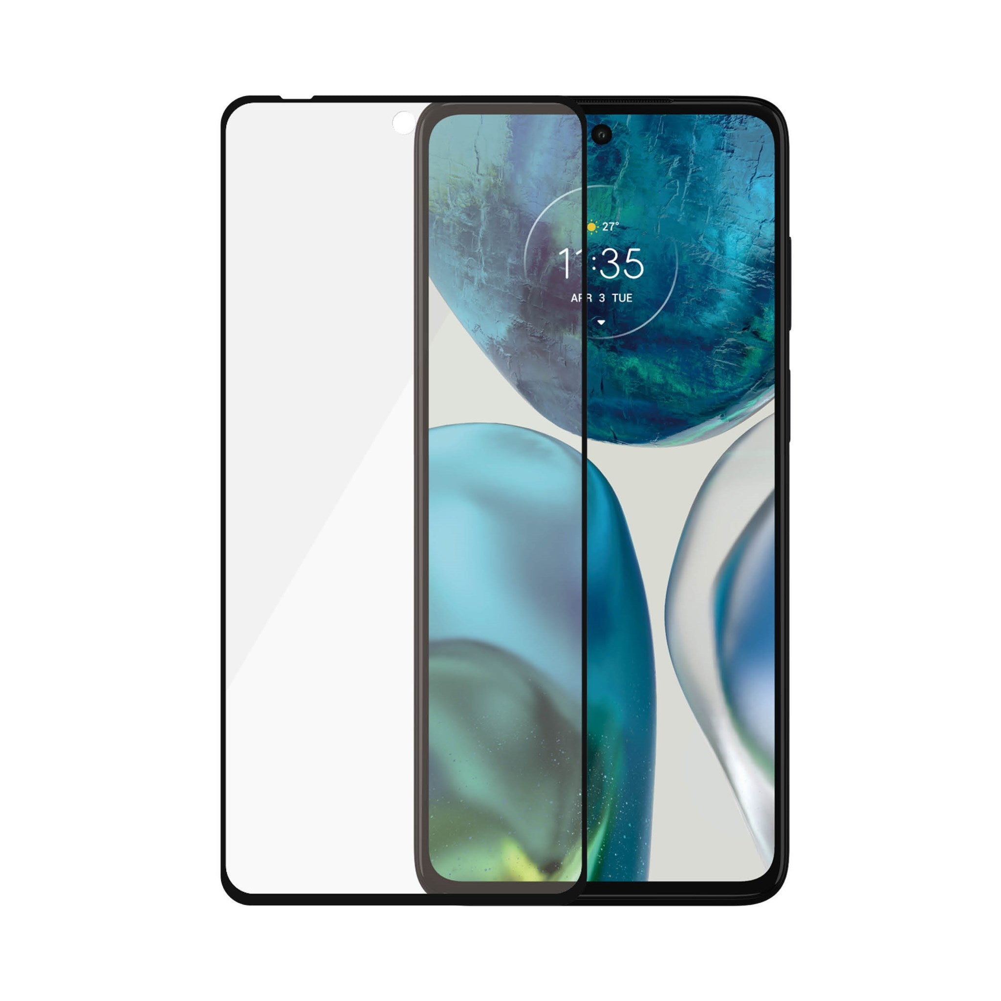 Uno smartphone con una protezione per lo schermo accanto, che mostra lo schermo del telefono e la protezione.