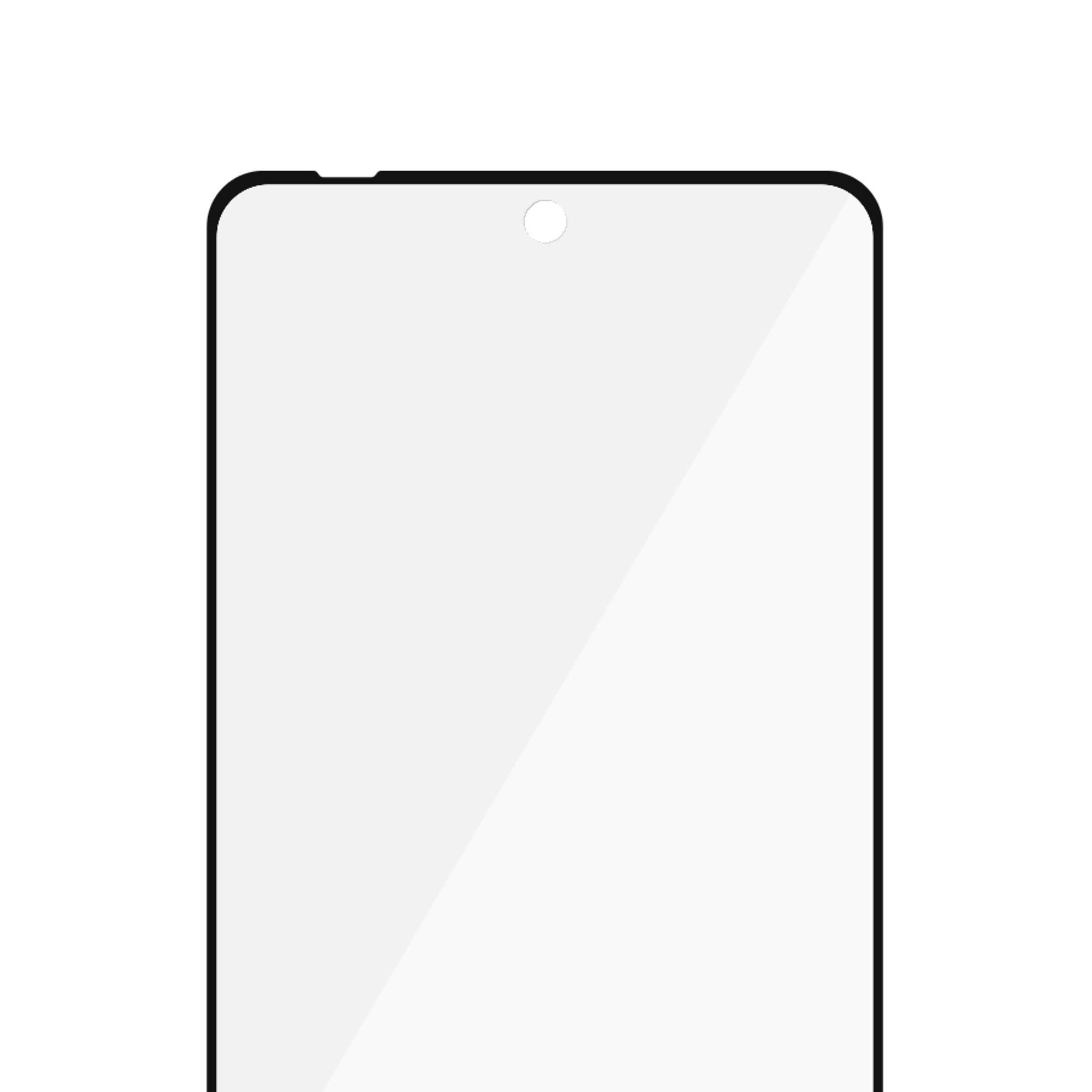Una protezione per lo schermo del telefono. La protezione è trasparente, che copre lo schermo. Ha un ritaglio per la fotocamera.