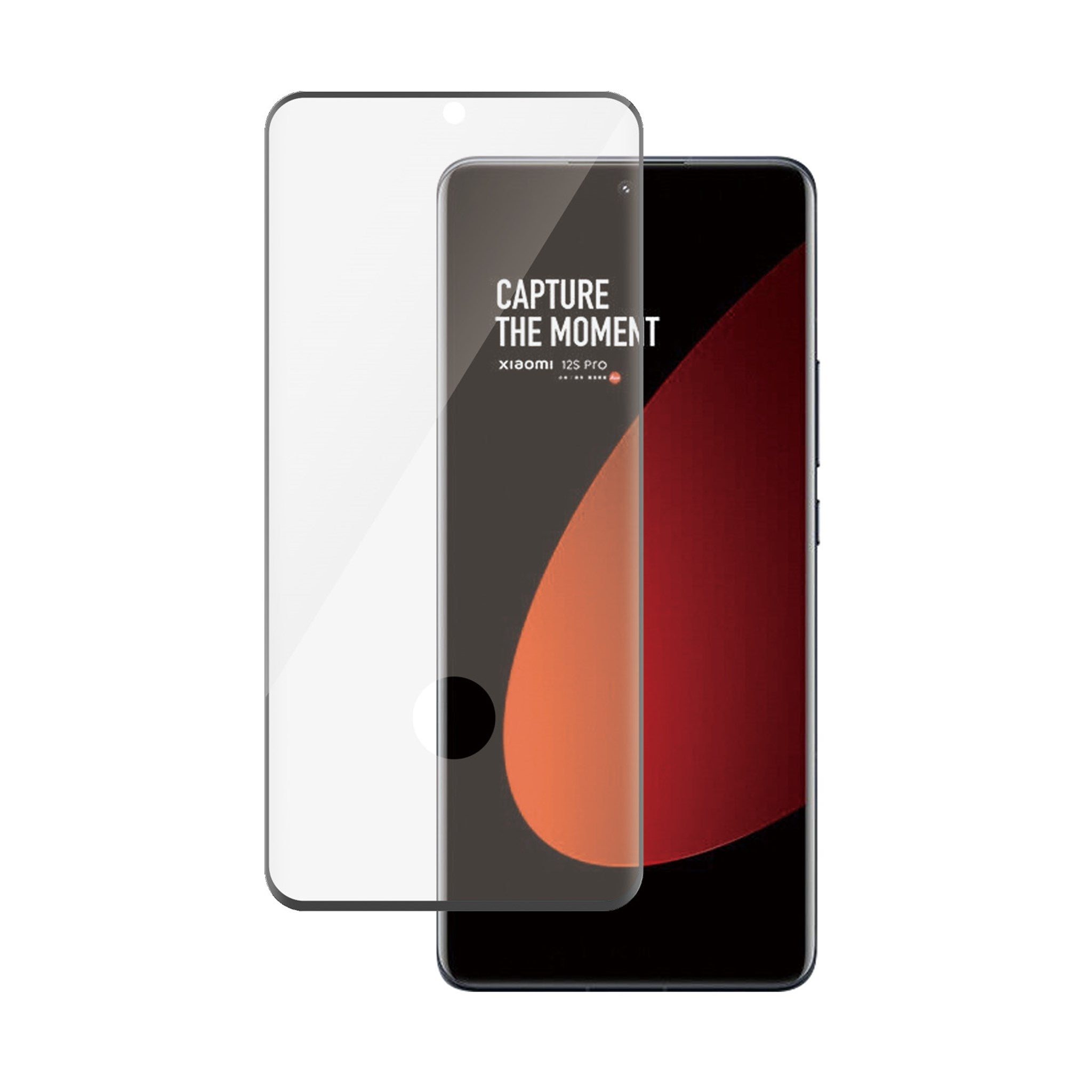 Telefono con protezione schermo, testo 'CAPTURE THE MOMENT'.