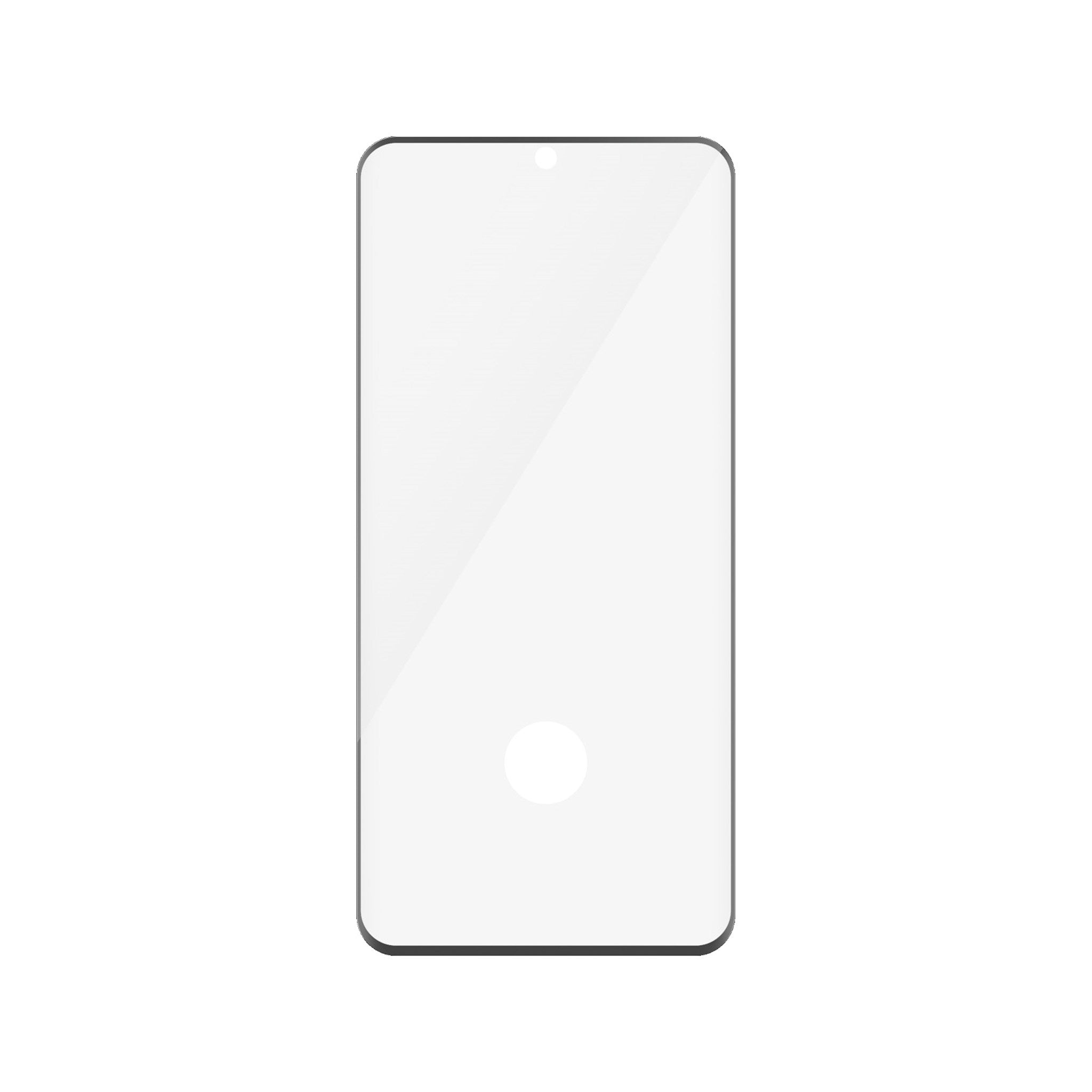 Protezione schermo trasparente per telefono con ritaglio per fotocamera. Bordo nero su sfondo bianco.