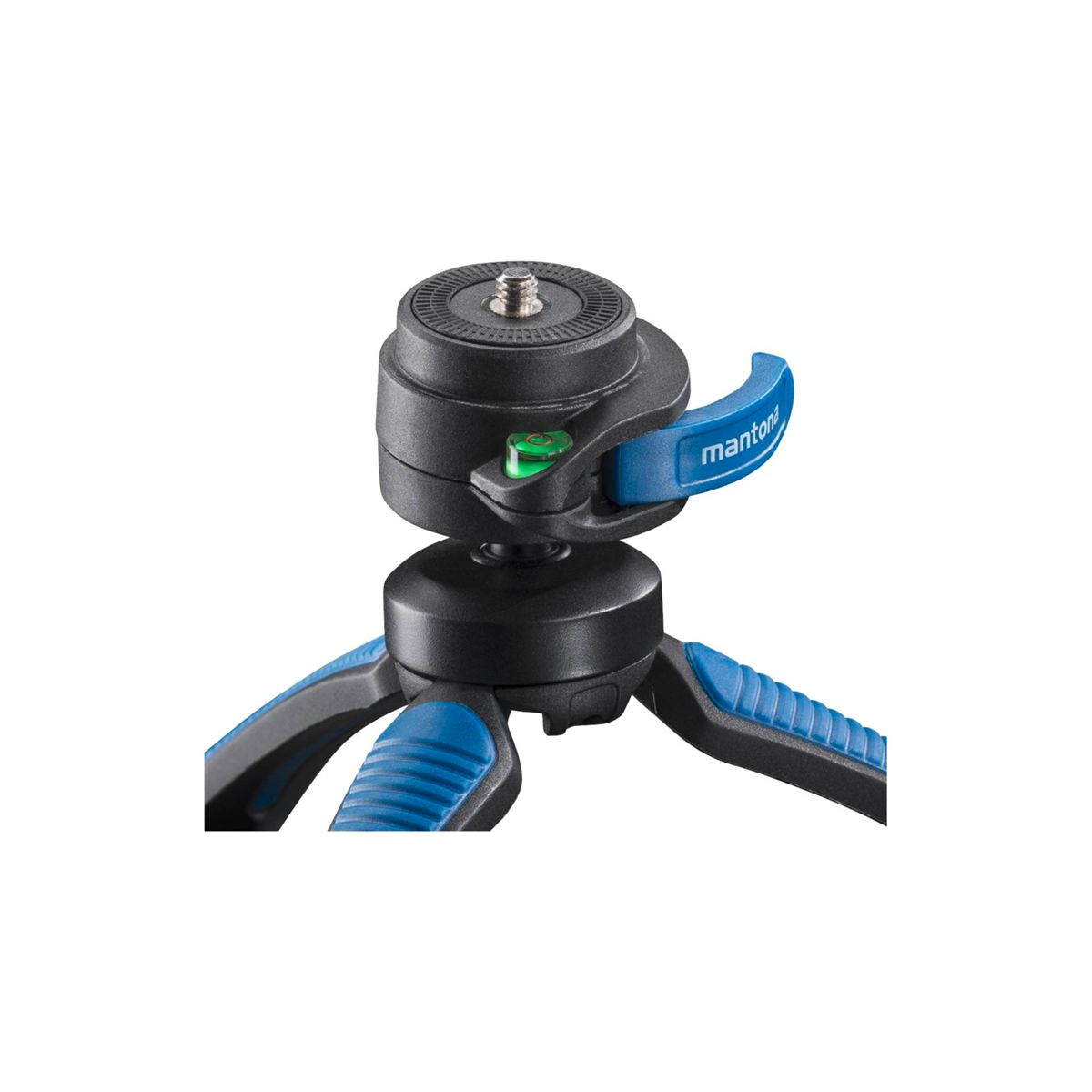 Mini statyw w czarno-niebieskim designie. Pokazuje głowicę i nogi na białym tle.