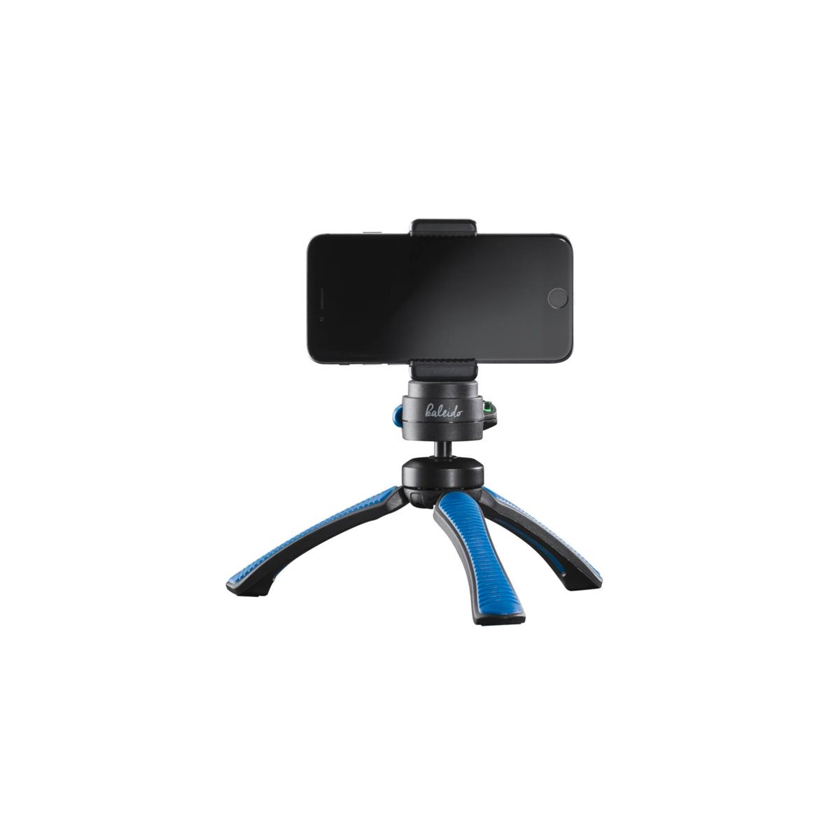 Czarny smartfon zamontowany na małym statywie z niebiesko-czarnymi nogami. Telefon jest w trybie poziomym.
