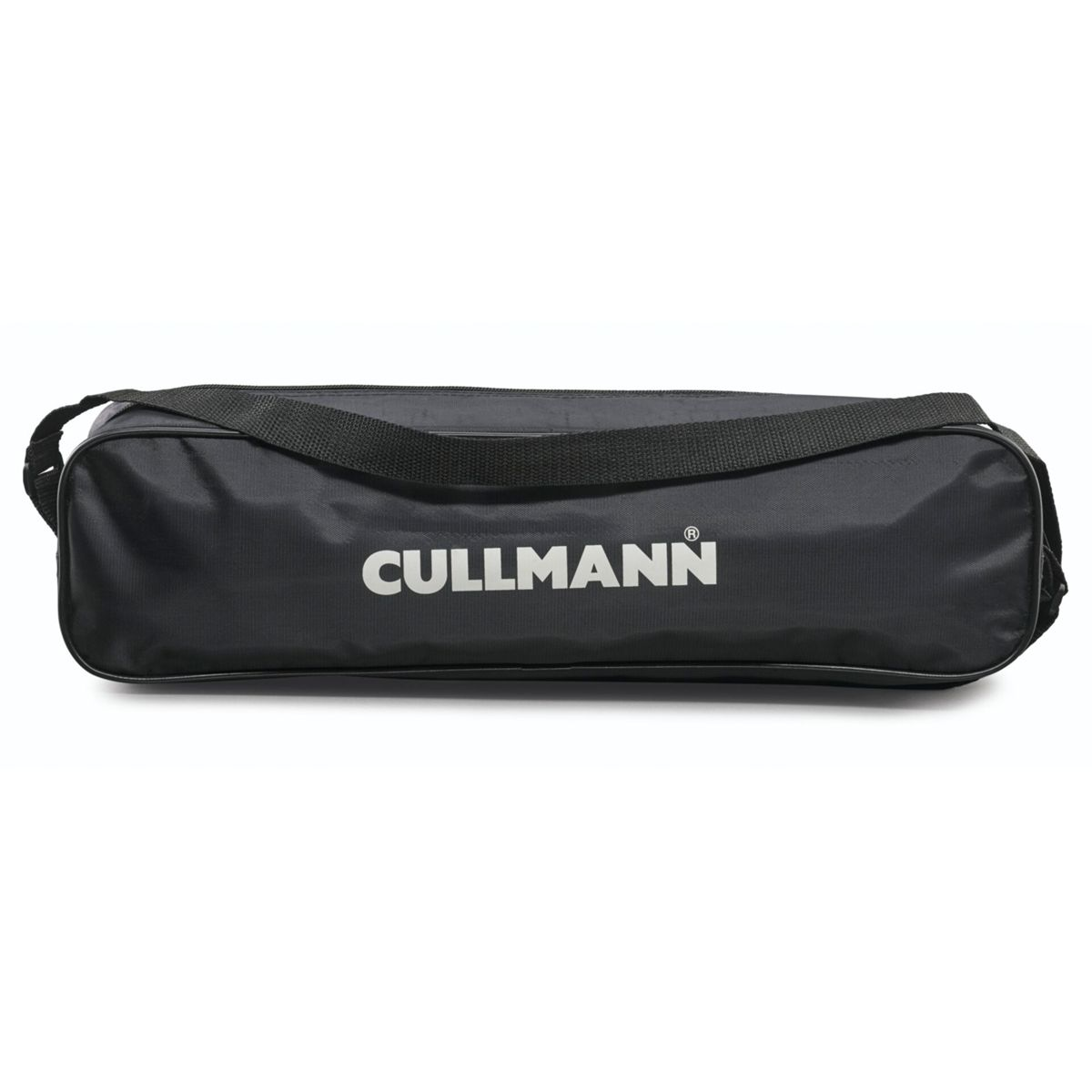 Borsa nera con tracolla. Testo bianco: CULLMANN.
