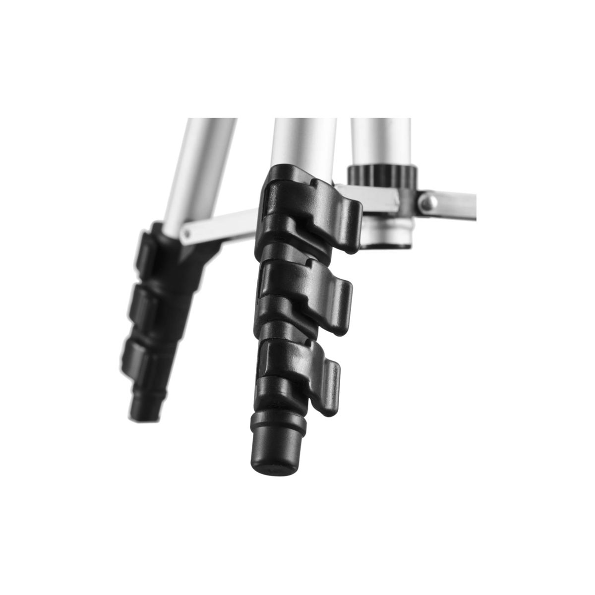 Nogi statywu, srebrne, z czarnymi mechanizmami blokującymi, na białym tle.