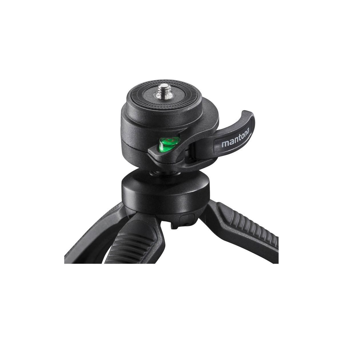 Czarny mini statyw z głowicą kulową i poziomnicą, ujęcie z bliska.