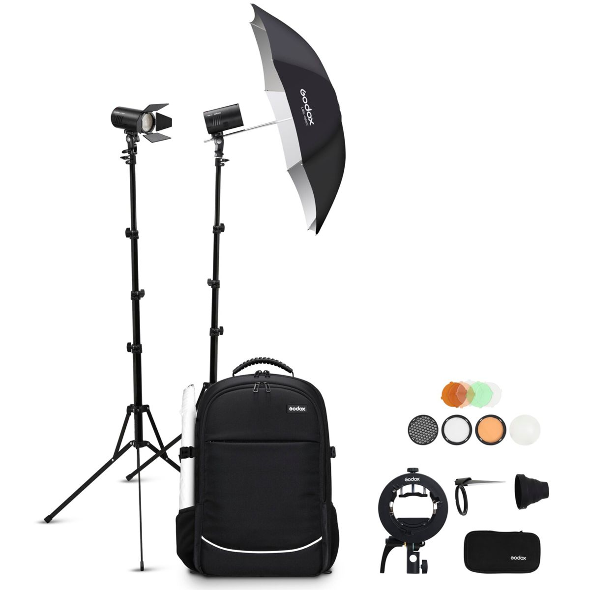 Ein Fotostudio-Equipment-Set: Stative, Lichter, Schirm, Tasche und Zubehör.