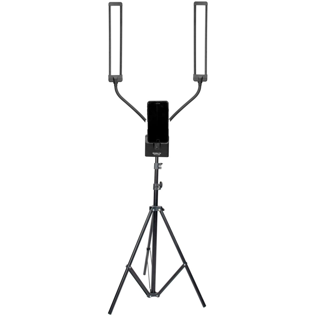 Smartphone und Dual-Licht-Setup auf einem Stativ. Lichter sind rechteckig, schwarz und weiß.