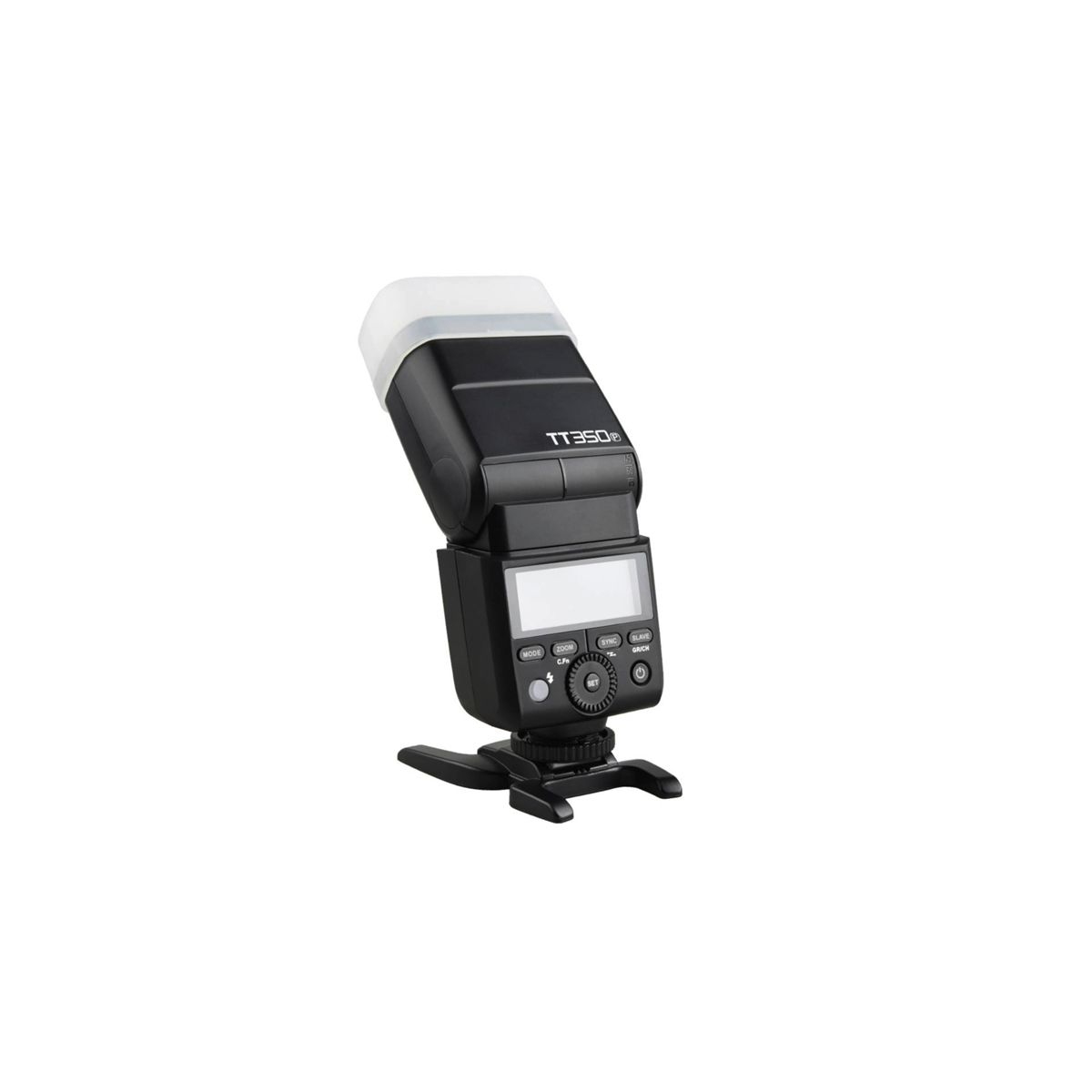 Flash nero della fotocamera angolato verso l'alto, con un diffusore bianco. Il flash ha un piccolo schermo.
