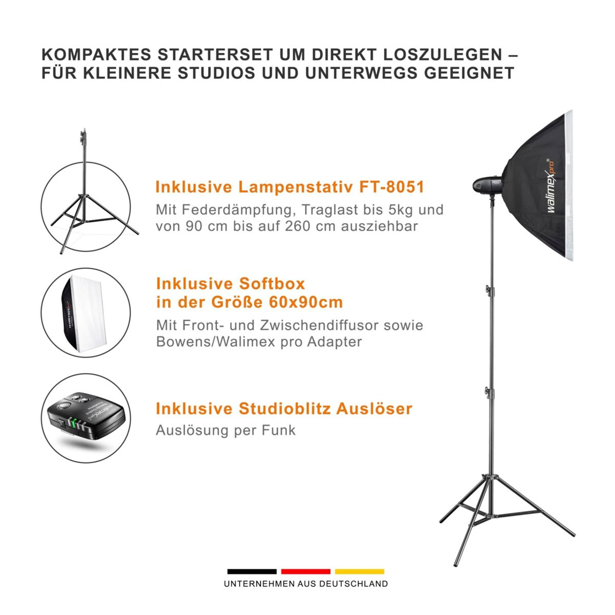 Configurazione di illuminazione da studio con stativo, softbox e trigger.
