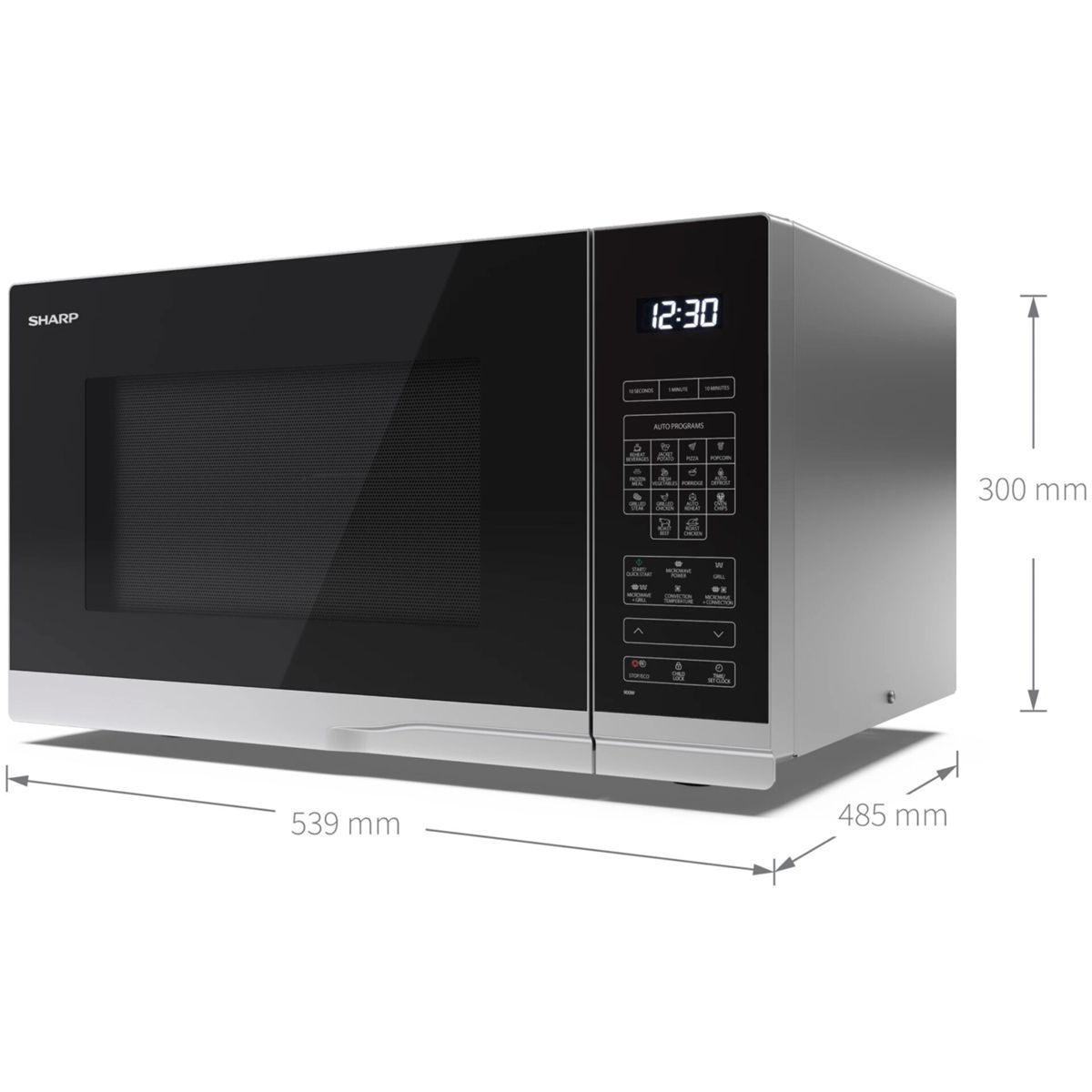 Forno a microonde, argento e nero, con dimensioni e pannello comandi.