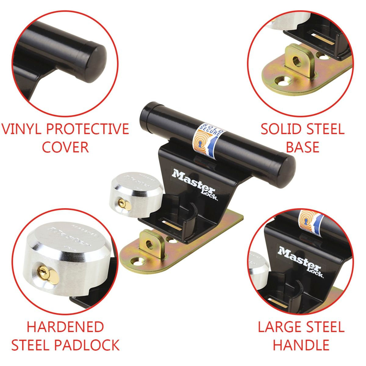 Schwarzes Master Lock mit verschiedenen gezeigten Komponenten, auf weißem Hintergrund.