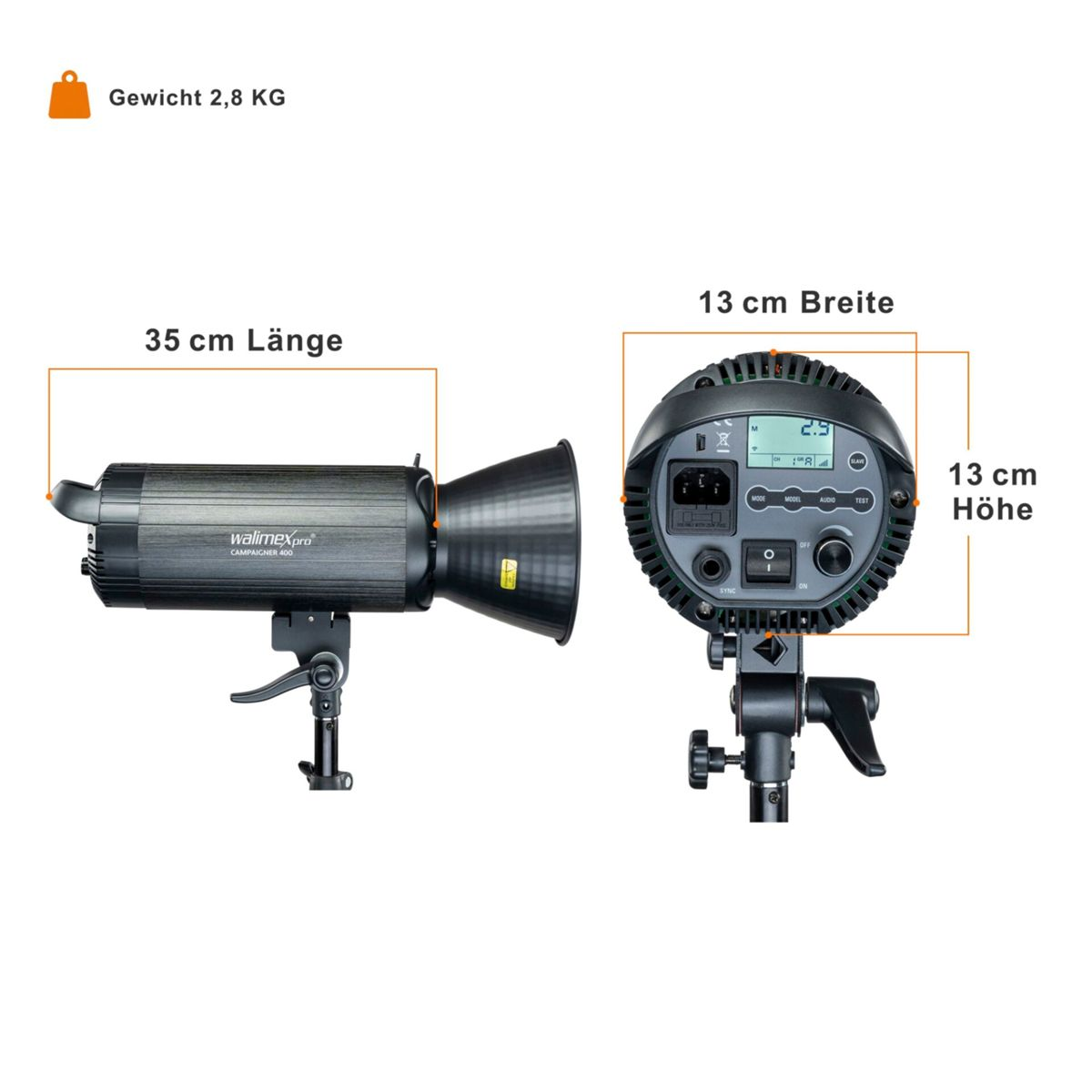 Attrezzatura per illuminazione da studio con misure. La luce è nera.