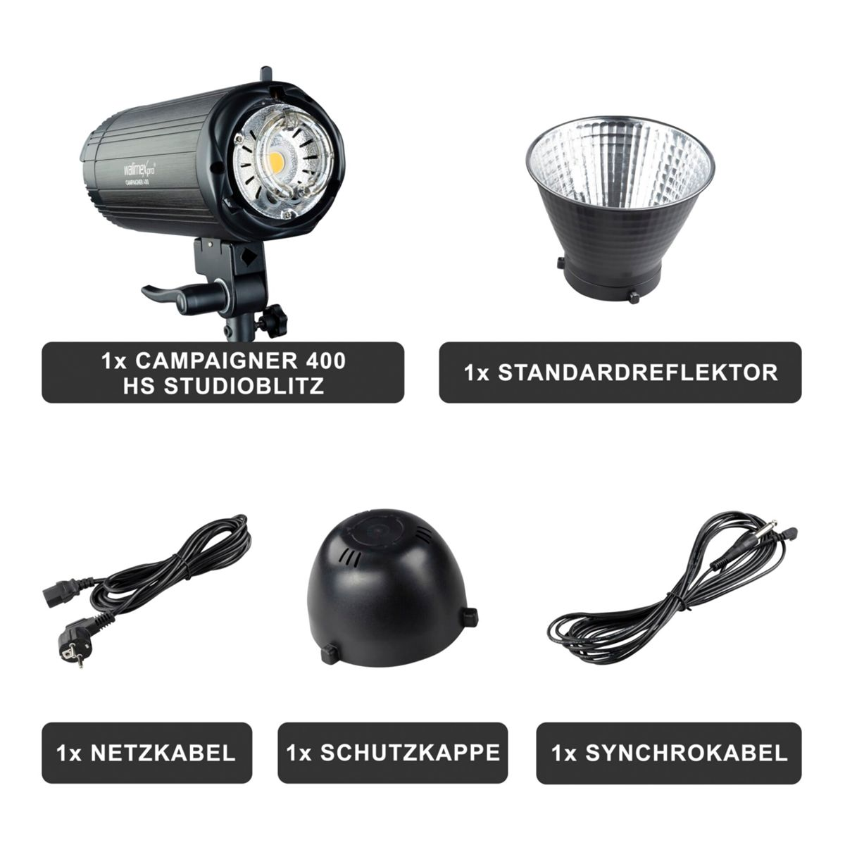 Kit flash da studio con riflettore, cappuccio protettivo, cavo di alimentazione e cavo sincro.