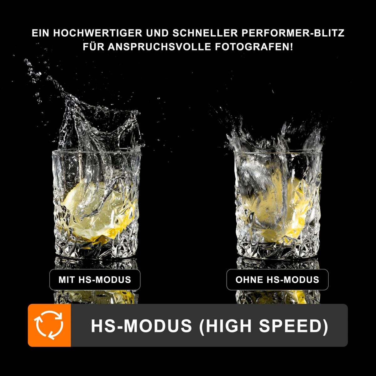 Due bicchieri con fette di limone e acqua, che illustrano gli effetti della modalità high-speed.