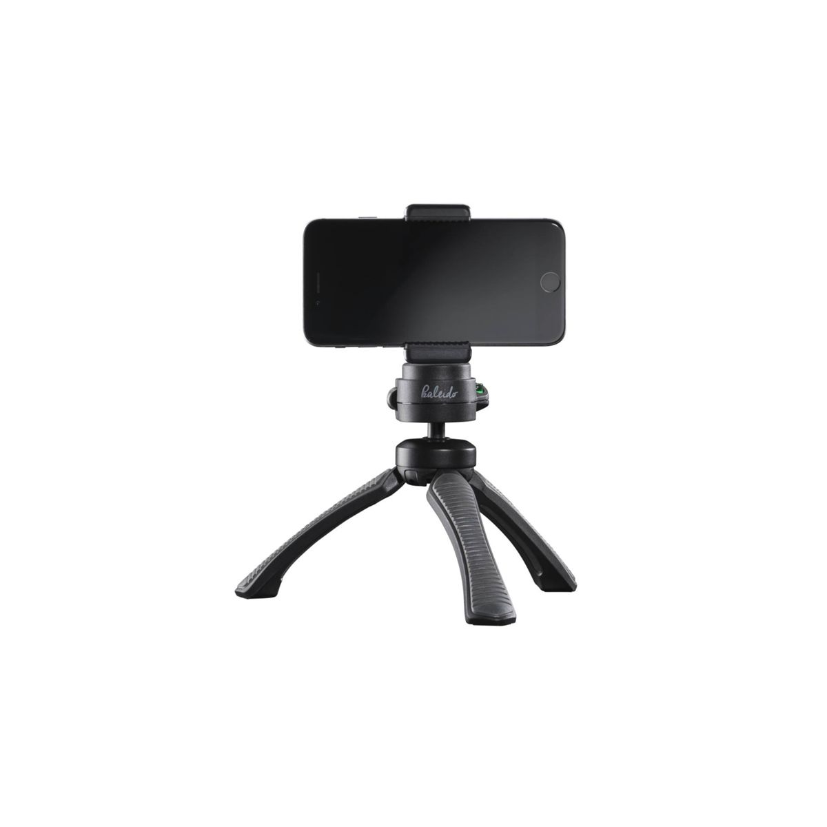 Czarny smartfon na czarnym mini statywie, na białym tle.