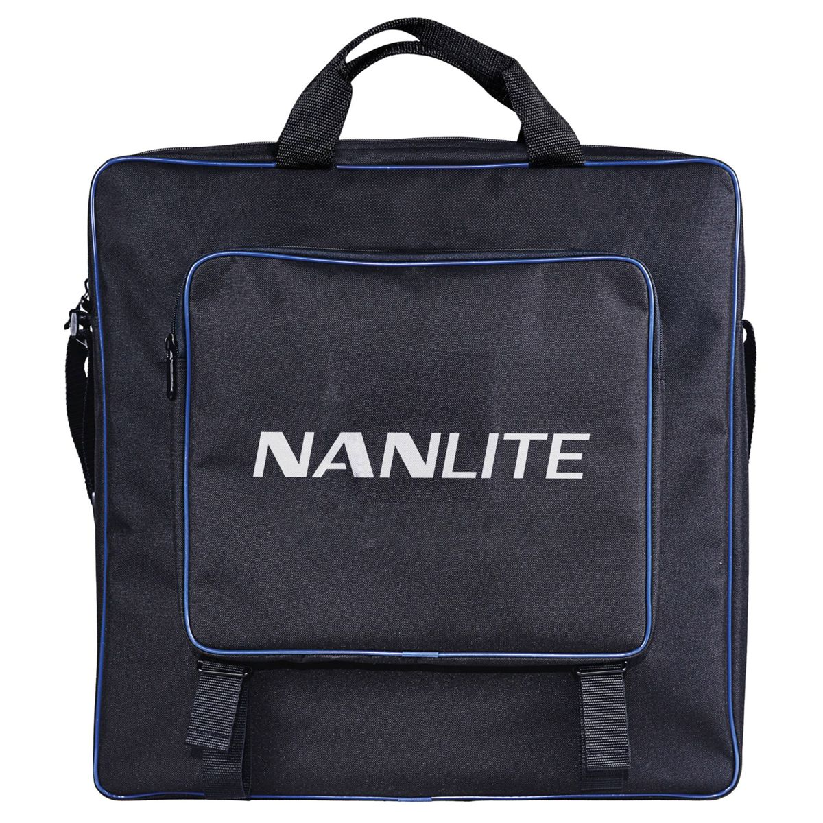 Borsa nera con tasca frontale e maniglia. Ha la scritta 'NANLITE' stampata sul davanti.