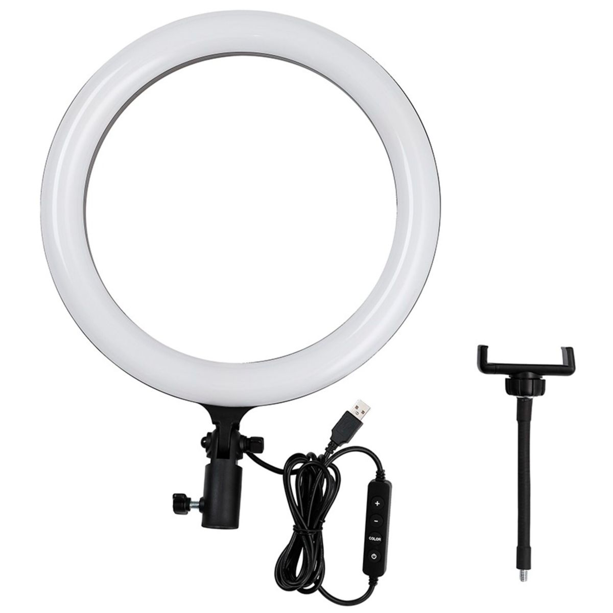 Ringlicht für Fotografie mit Telefonhalter und USB-Kabel. Weißes Licht.