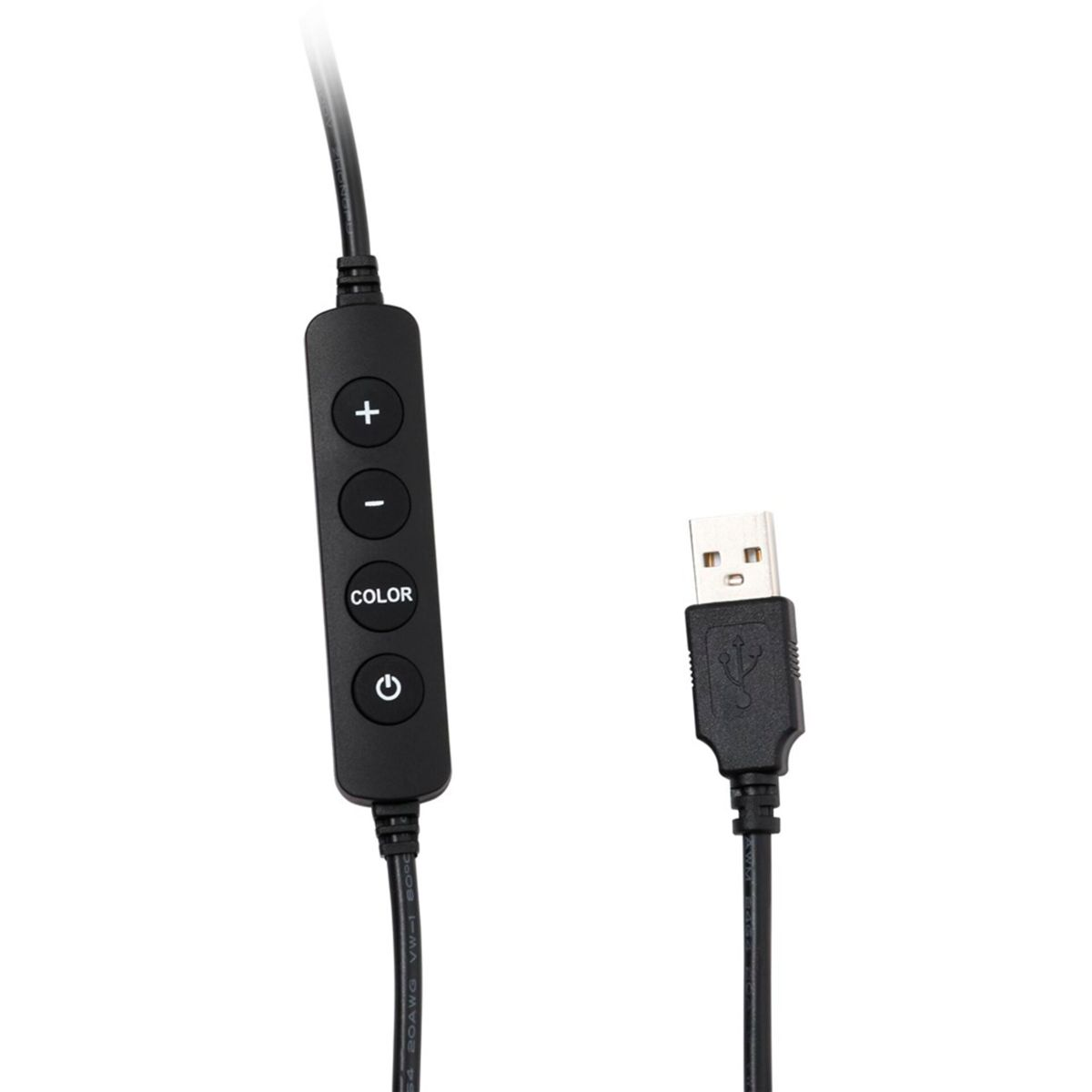 Schwarzes USB-Kabel mit einem Steuermodul mit Tasten für Plus, Minus, Farbe und Strom.