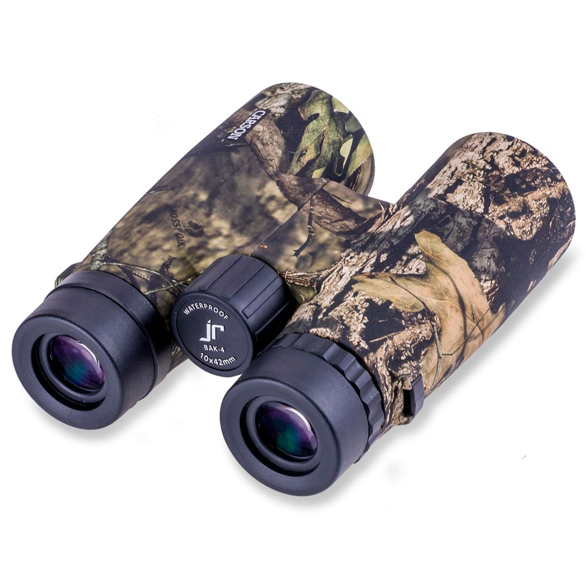 Lornetka w kamuflażu na białej powierzchni. Lornetka ma zielono-brązowy wzór kamuflażu.