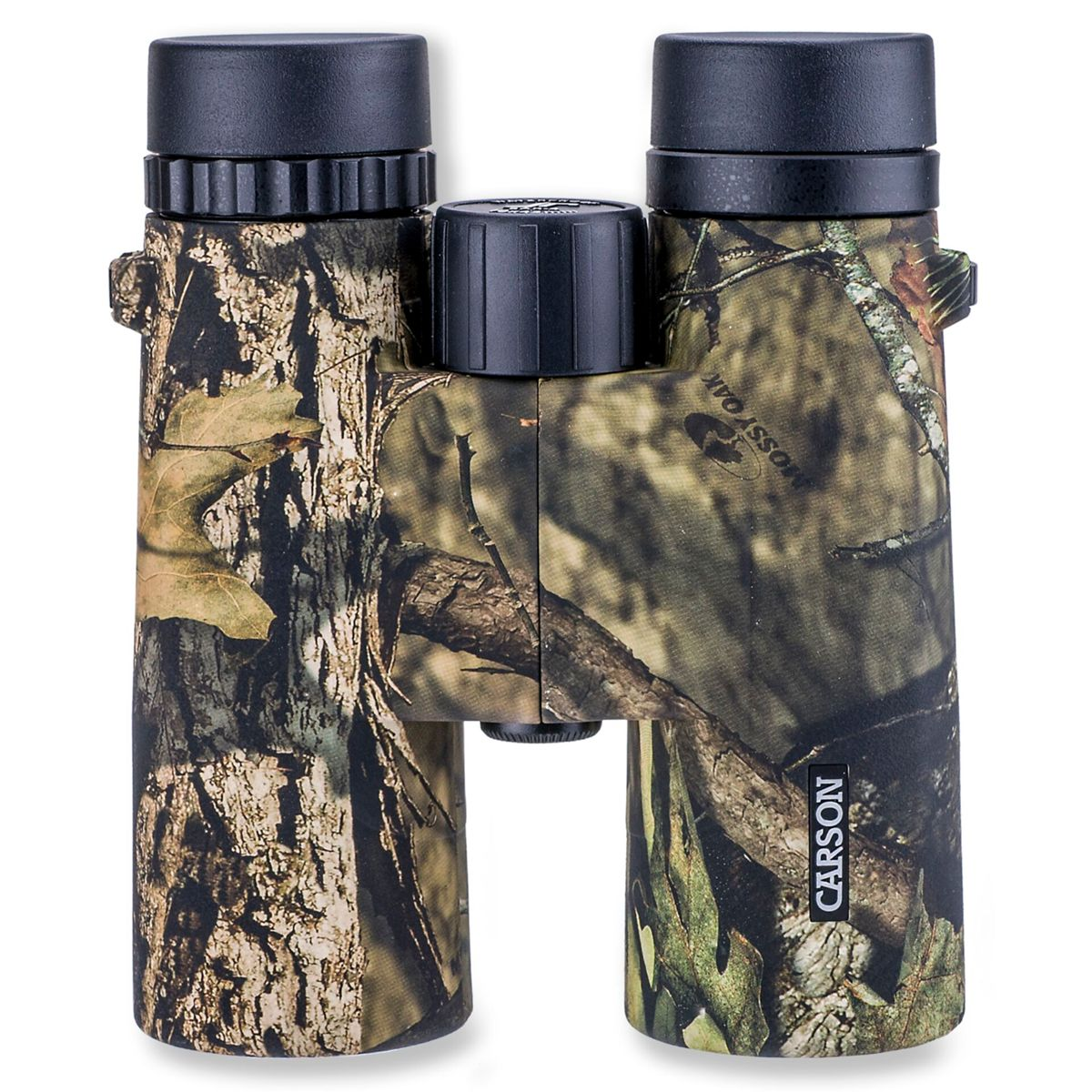 Lornetka moro z czarnymi osłonami i pokrętłem ostrości. Białe tło.