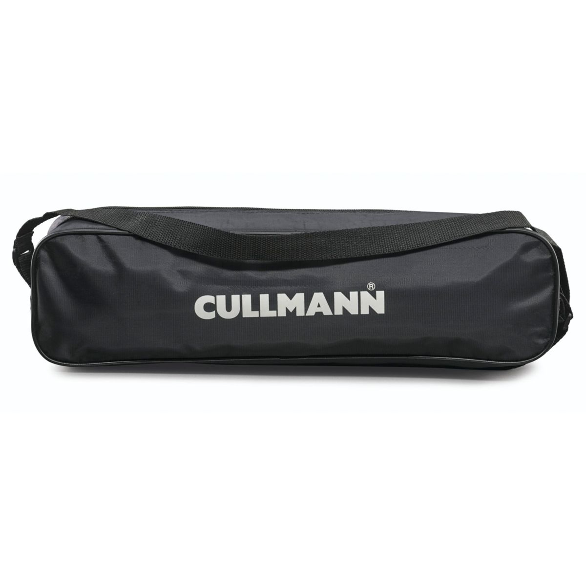 Borsa per fotocamera nera con tracolla. La parola CULLMANN è scritta in bianco.