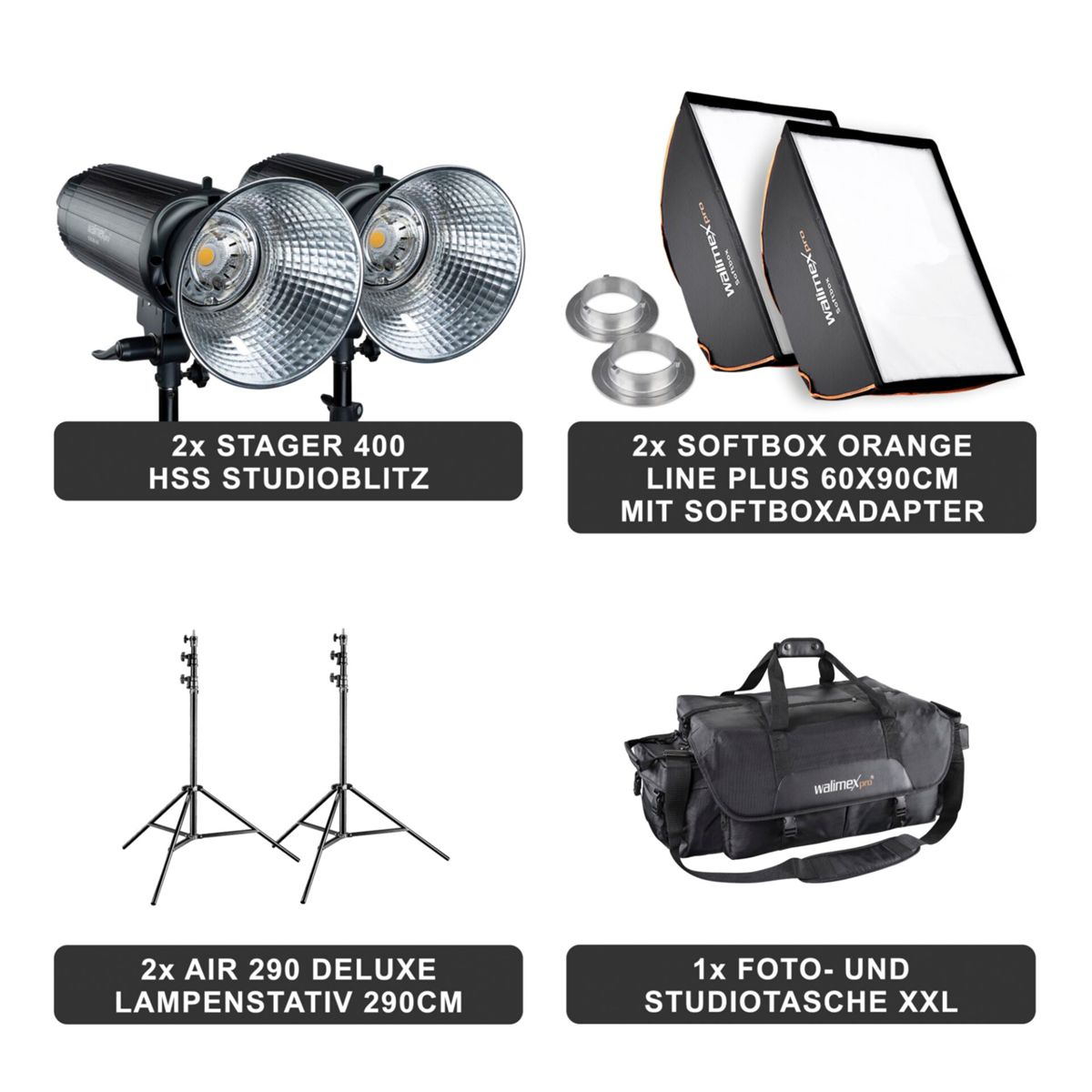 Studio-Lichtausrüstung mit zwei Leuchten, Softboxen, Stativen und Tasche, alles auf Weiß.