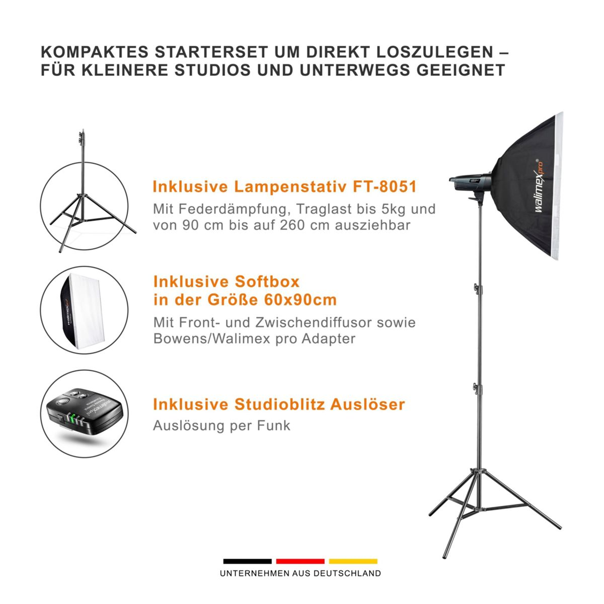 Kit per studio fotografico con treppiede, softbox e trigger wireless. Testo in tedesco.