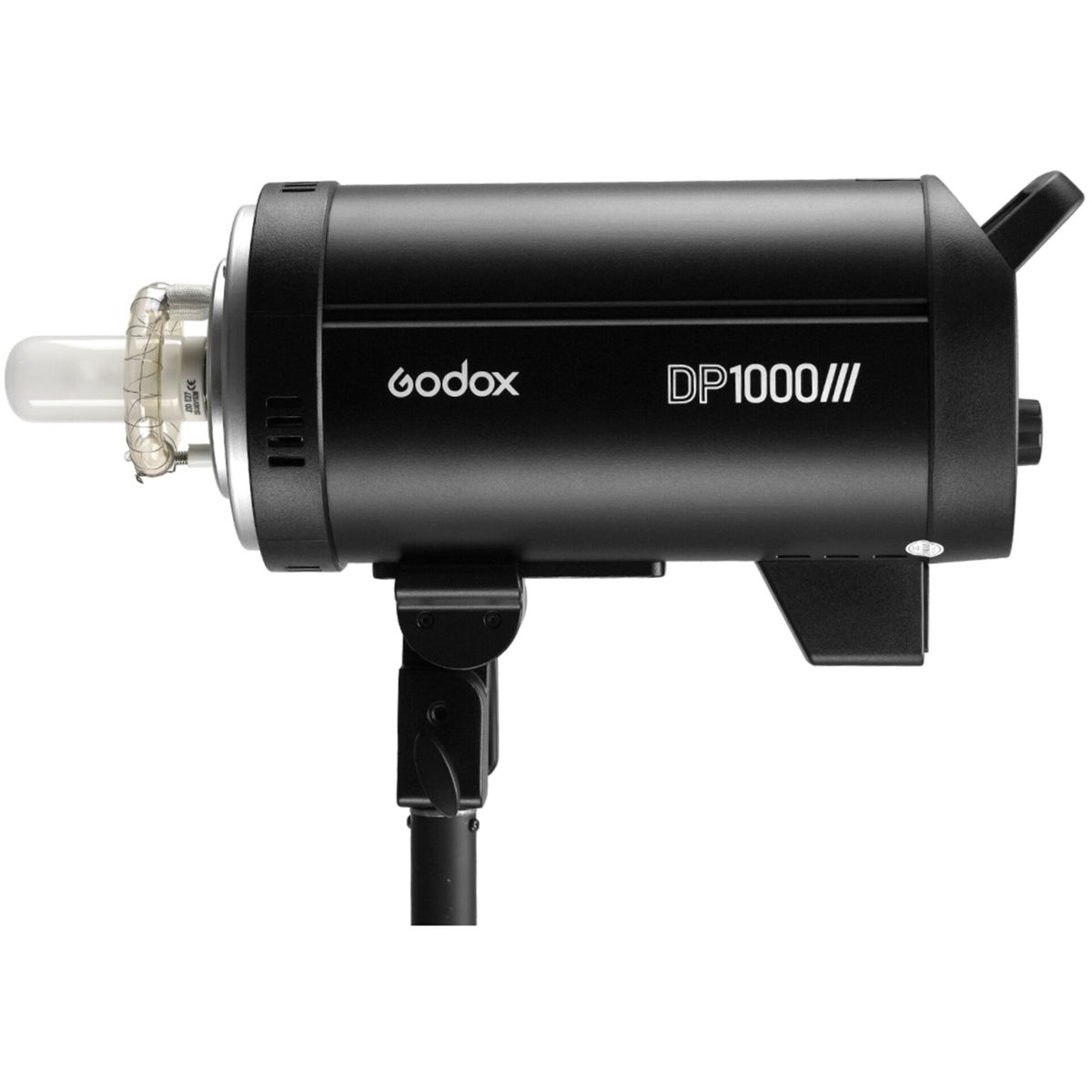 Schwarzer Godox DP1000 Studioblitz auf Ständer, mit Glühbirne und Markenname.