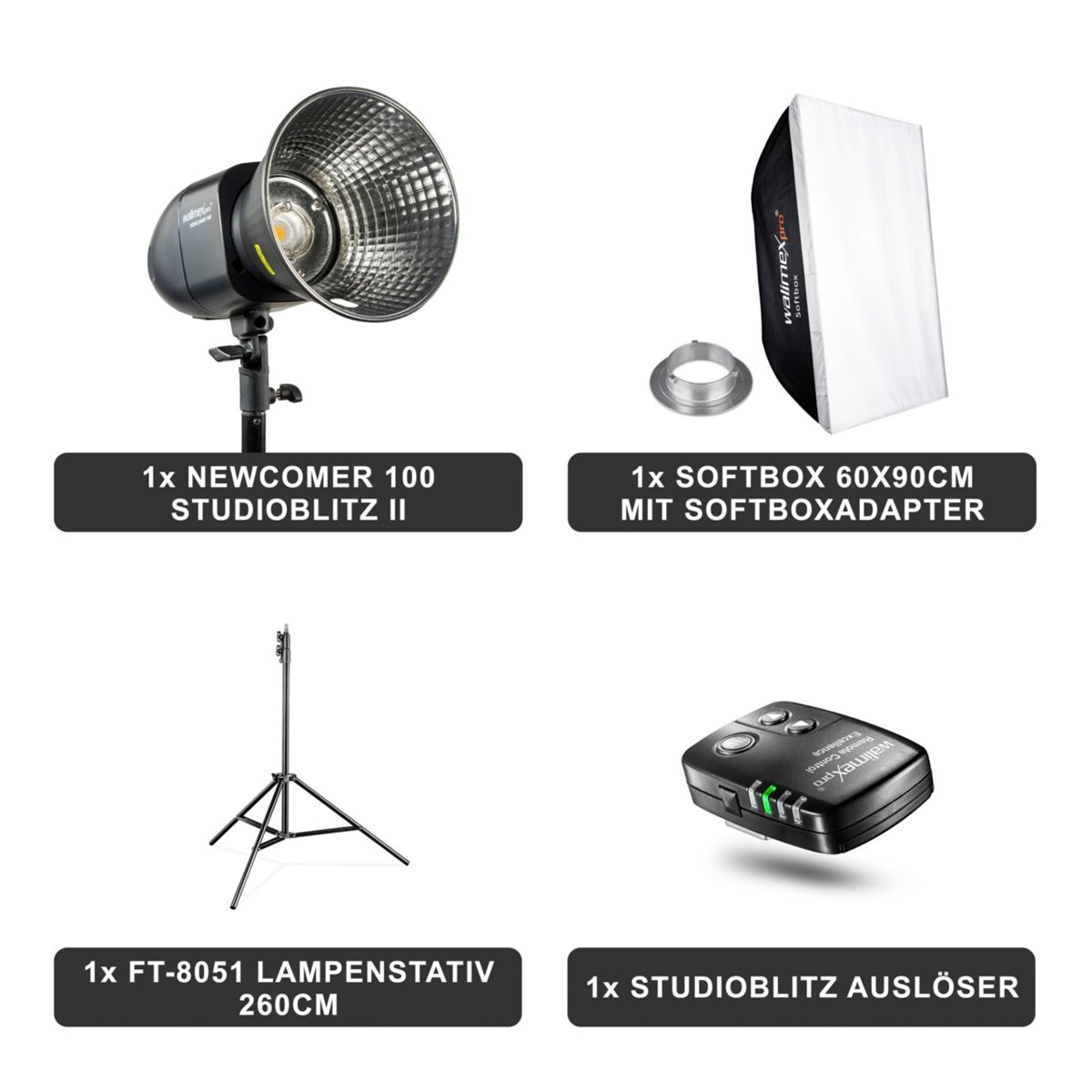Attrezzatura di illuminazione da studio: un flash, un softbox, un supporto e un trigger.
