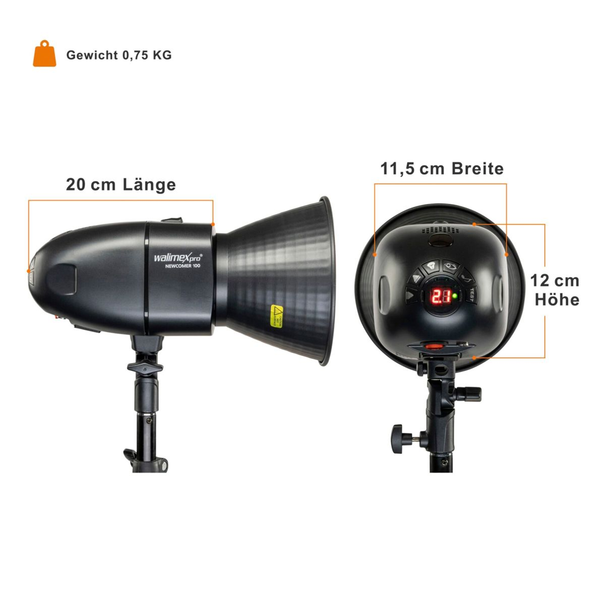 Flash da studio nero. Dimensioni: 20 cm lunghezza, 11,5 cm larghezza e 12 cm altezza.