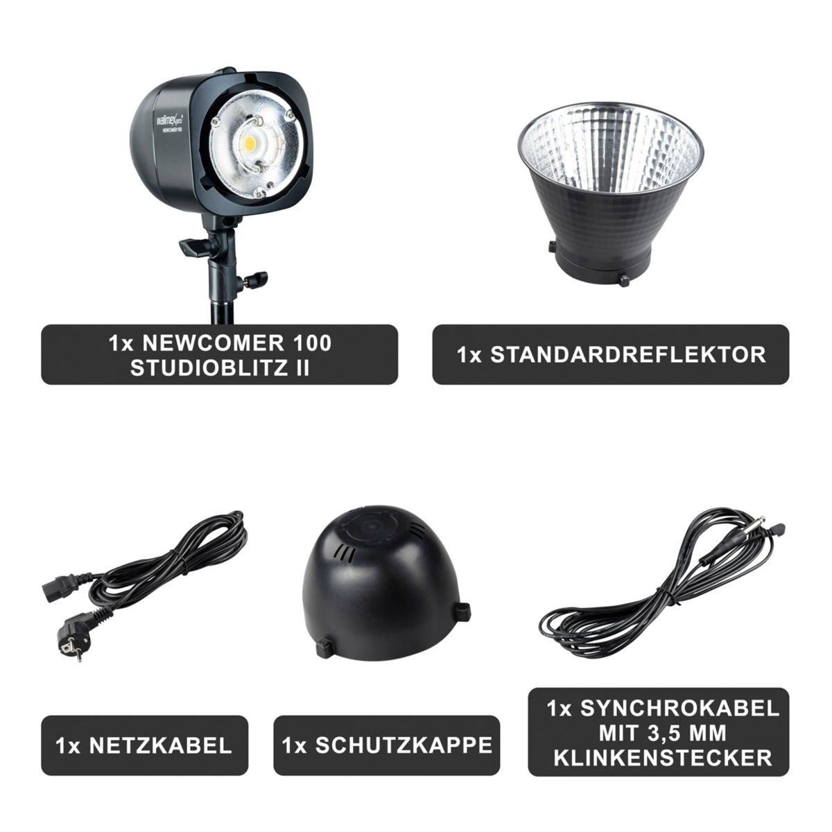 Set di attrezzature per l'illuminazione da studio. Include una luce, un riflettore, cavi e un cappuccio protettivo.