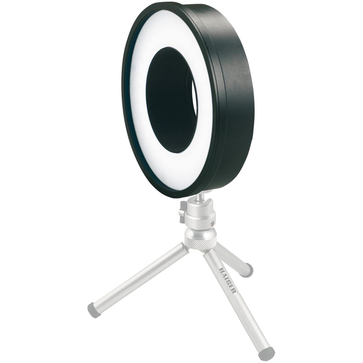 Schwarzes Ringlicht mit weißem Licht, auf kleinem Stativ.